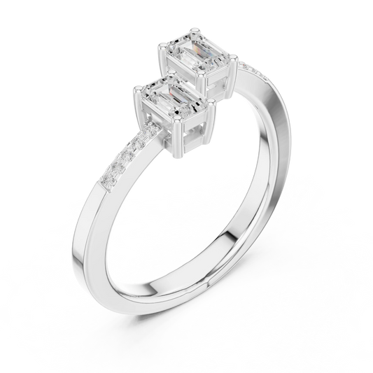 Front view of white gold two stone ring with double emerald lab-grown gemstones and pavé band