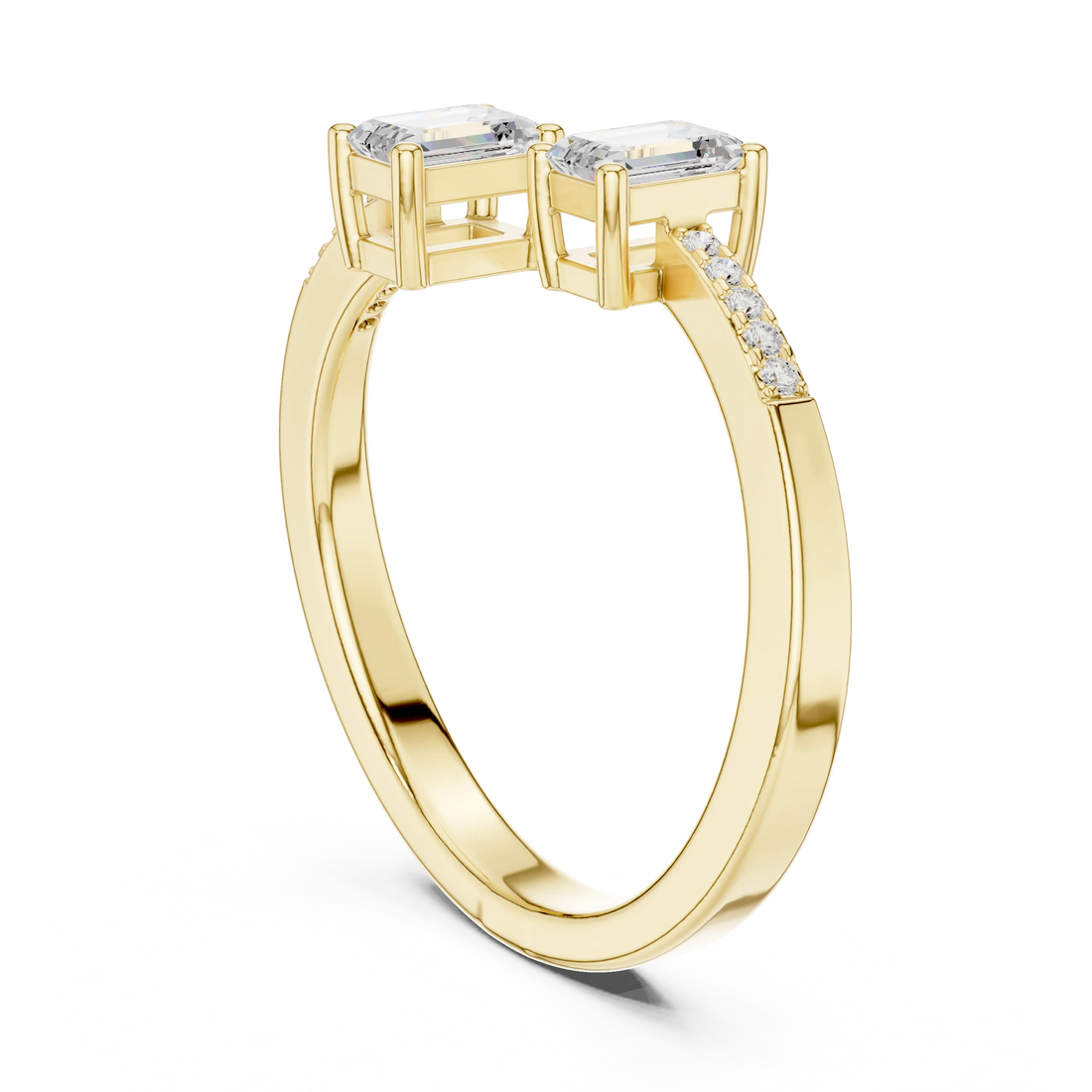 Back view of yellow gold double emerald open gap ring with lab-grown stones and pavé band