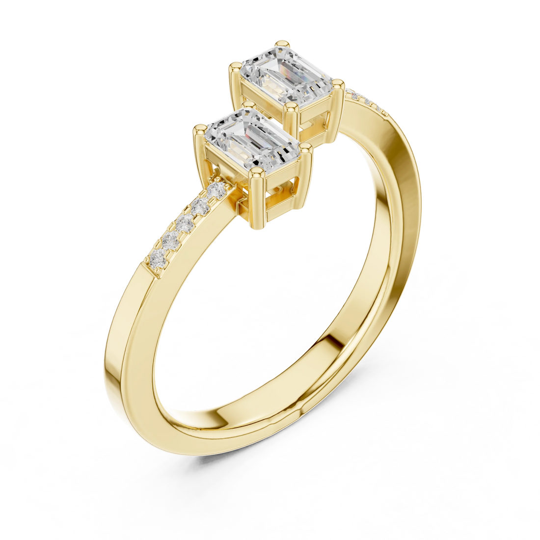 Front view of yellow gold two stone ring featuring double emerald lab-grown gemstones and pavé band