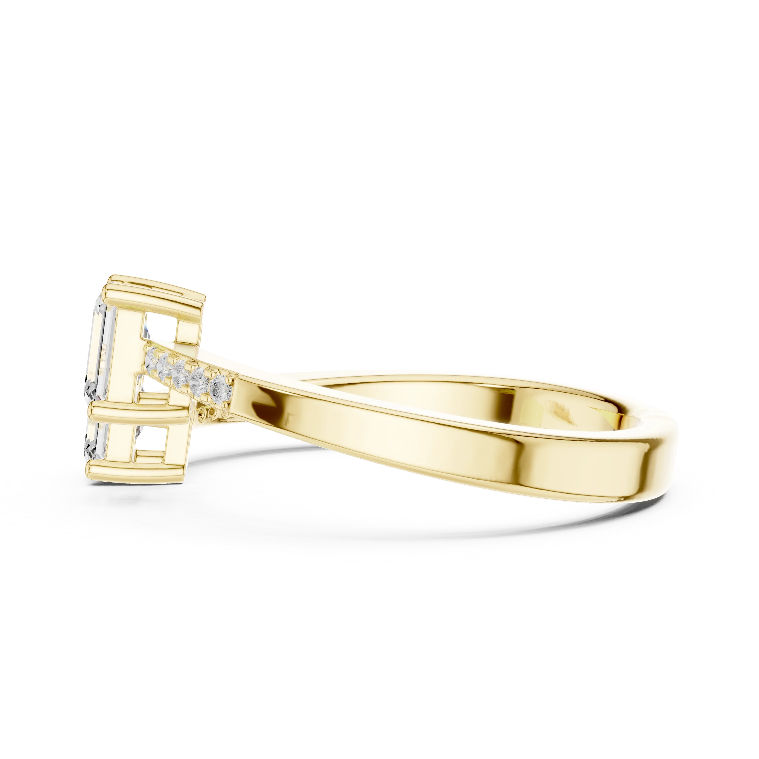 Side profile of yellow gold two stone ring highlighting double emerald setting and pavé band