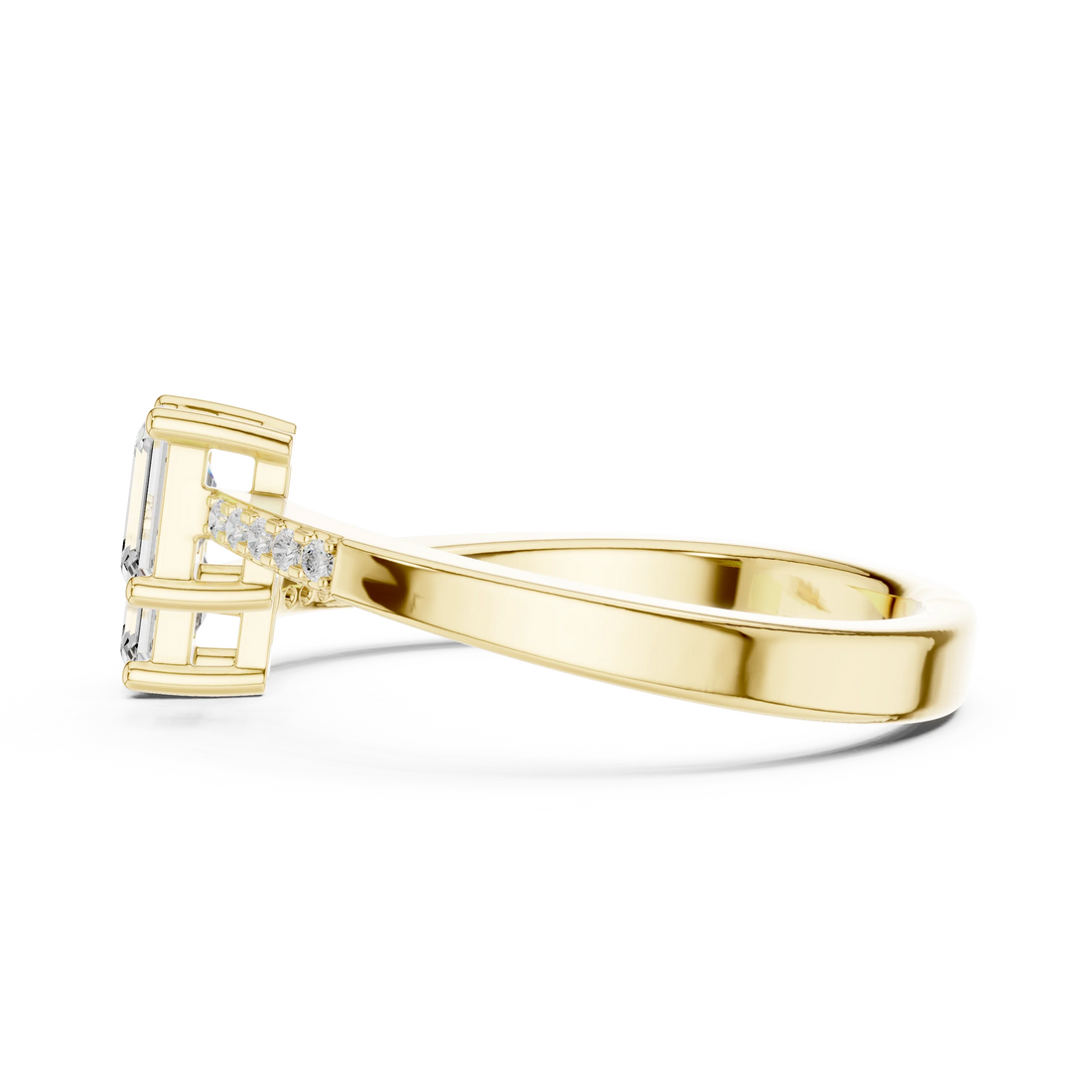 Side profile of yellow gold two stone ring highlighting double emerald setting and pavé band