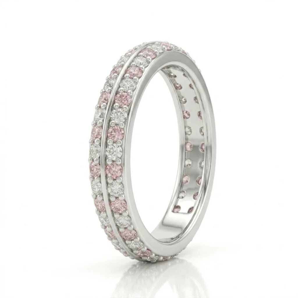 Front side view of double row pink and white diamond pave eternity band in white gold with lab-grown diamonds – Australia
