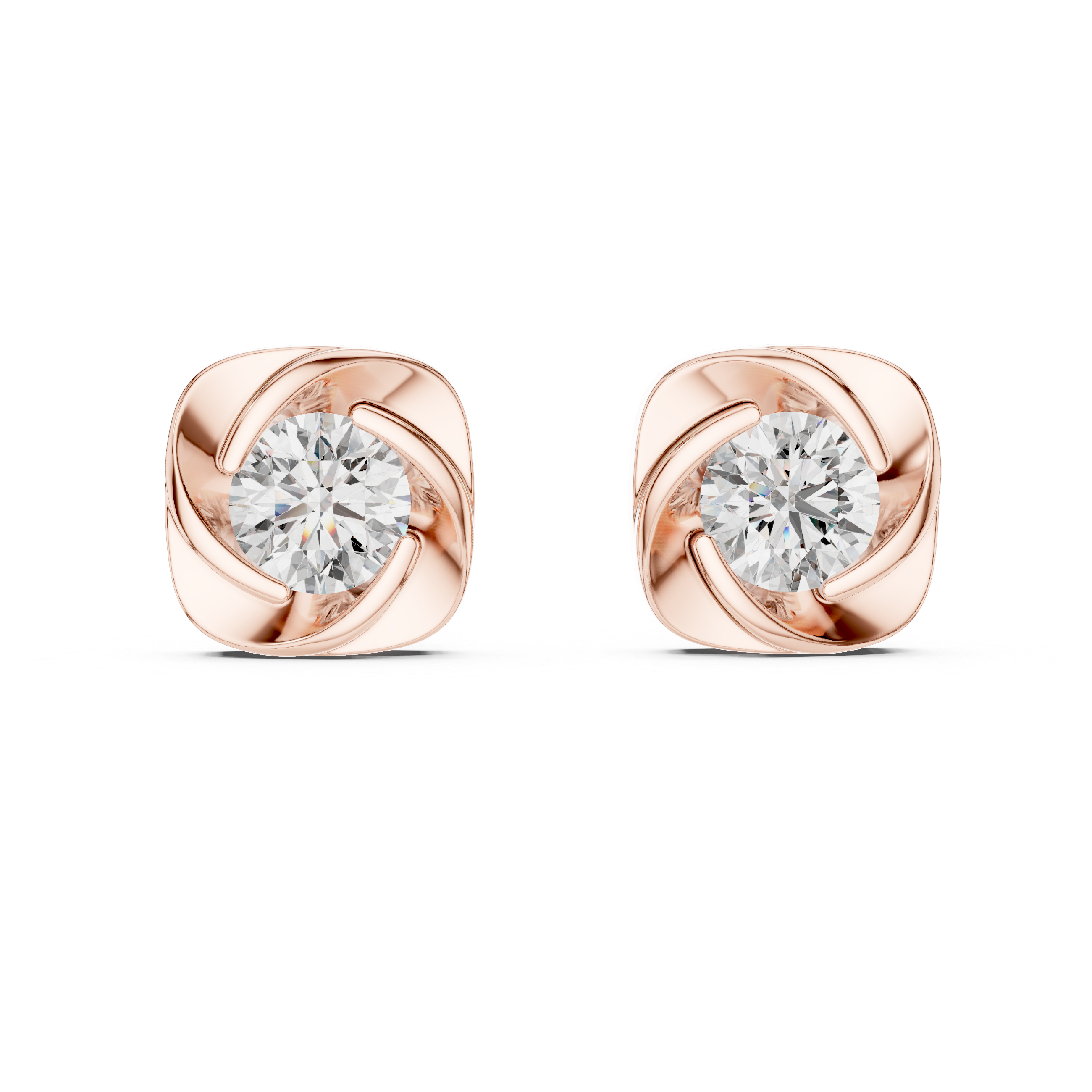 Cushion Twist Bezel Round Diamond Stud Earrings