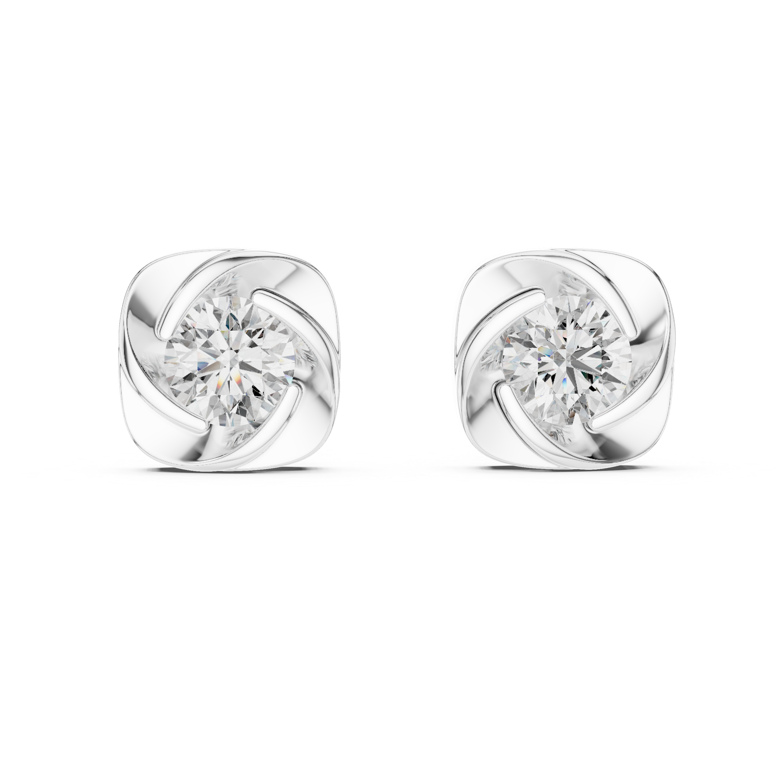 Cushion Twist Bezel Round Diamond Stud Earrings