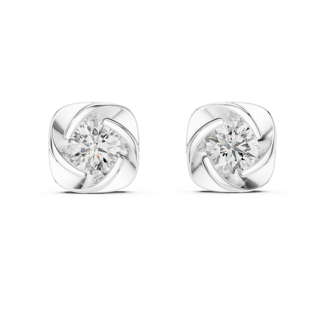Cushion Twist Bezel Round Diamond Stud Earrings