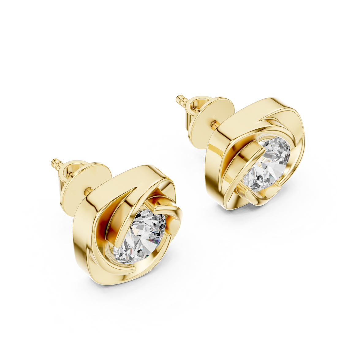 Cushion Twist Bezel Round Diamond Stud Earrings