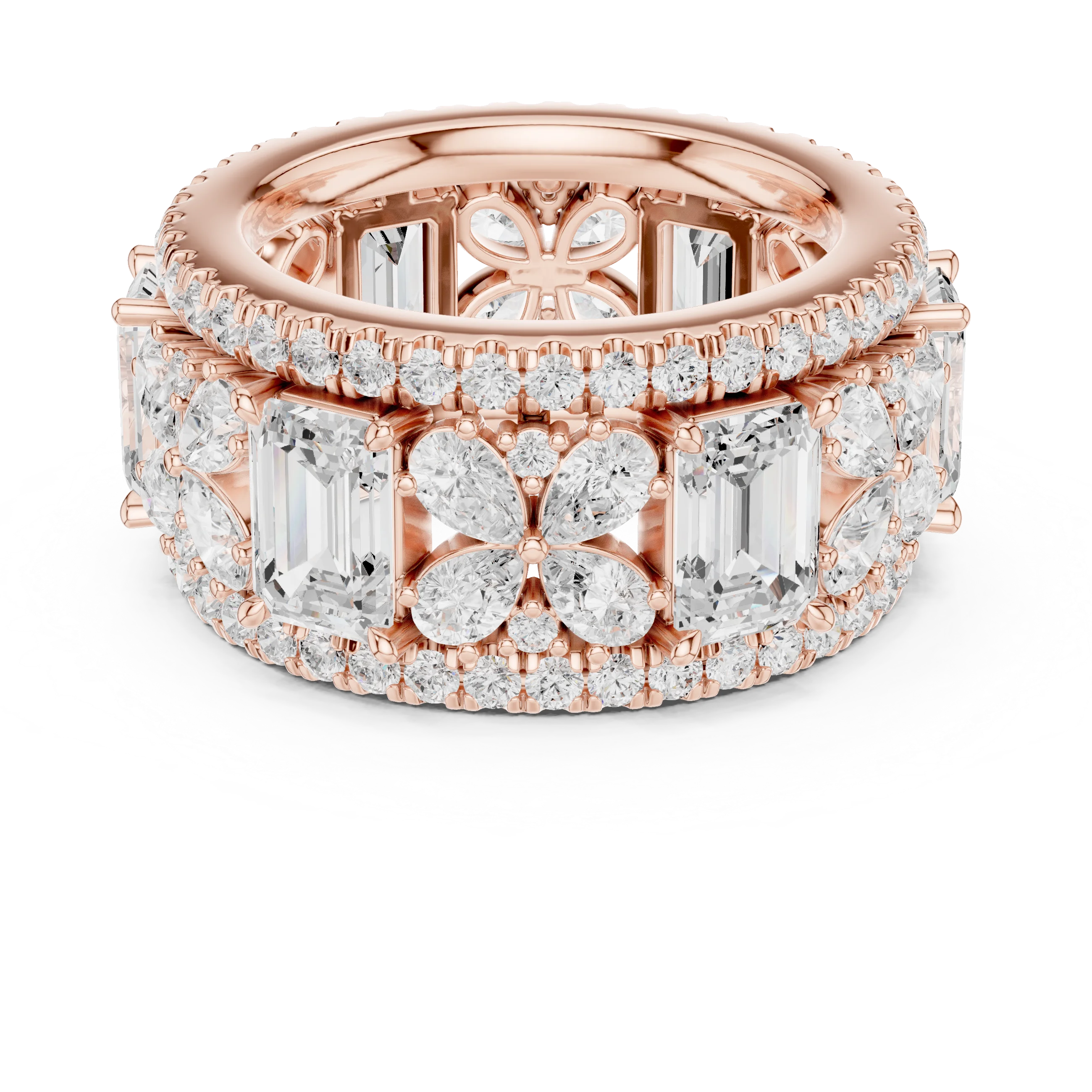 Emerald and floral cluster wide eternity band with double pavé border and milgrain band in rose gold with lab-grown diamonds