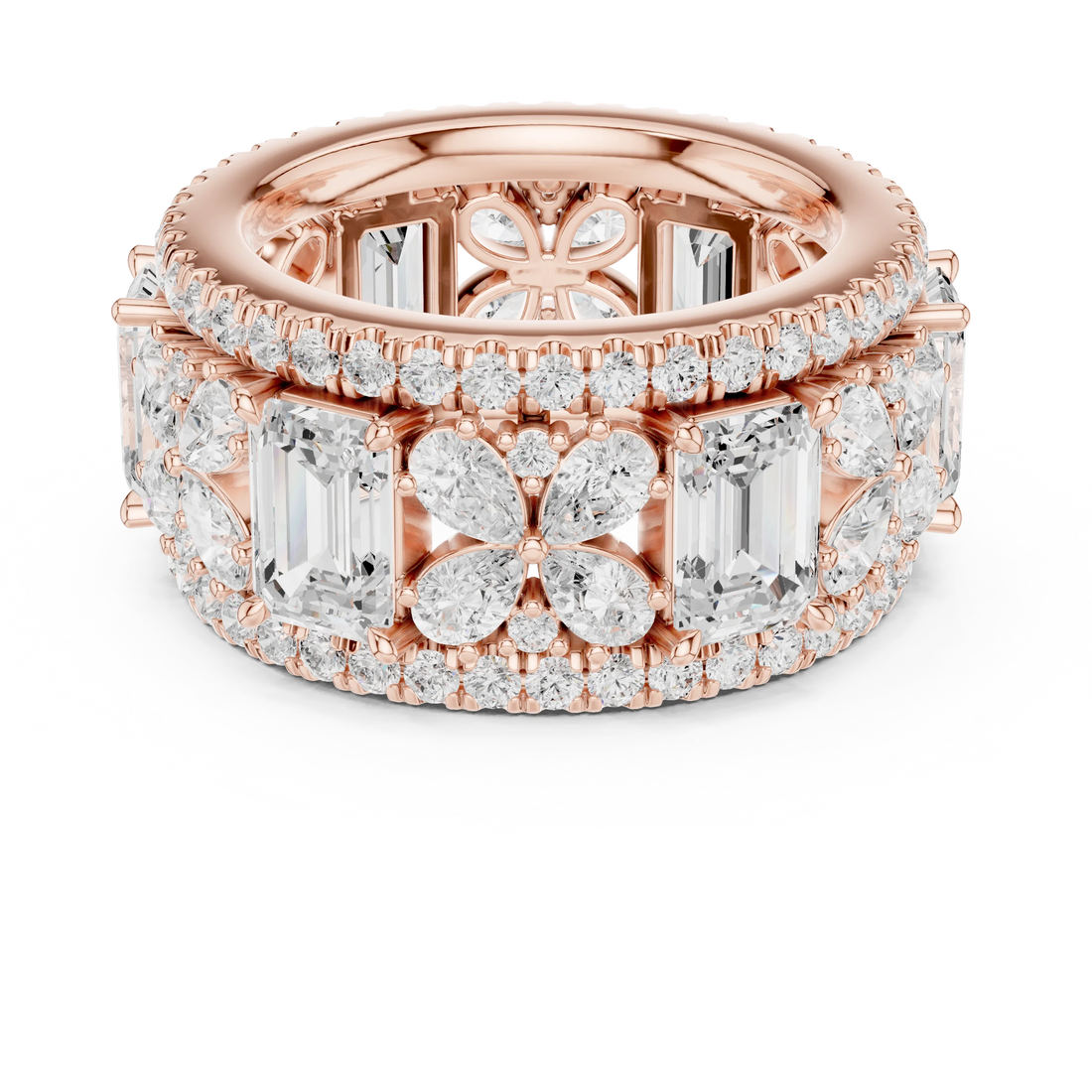 Emerald and floral cluster wide eternity band with double pavé border and milgrain band in rose gold with lab-grown diamonds