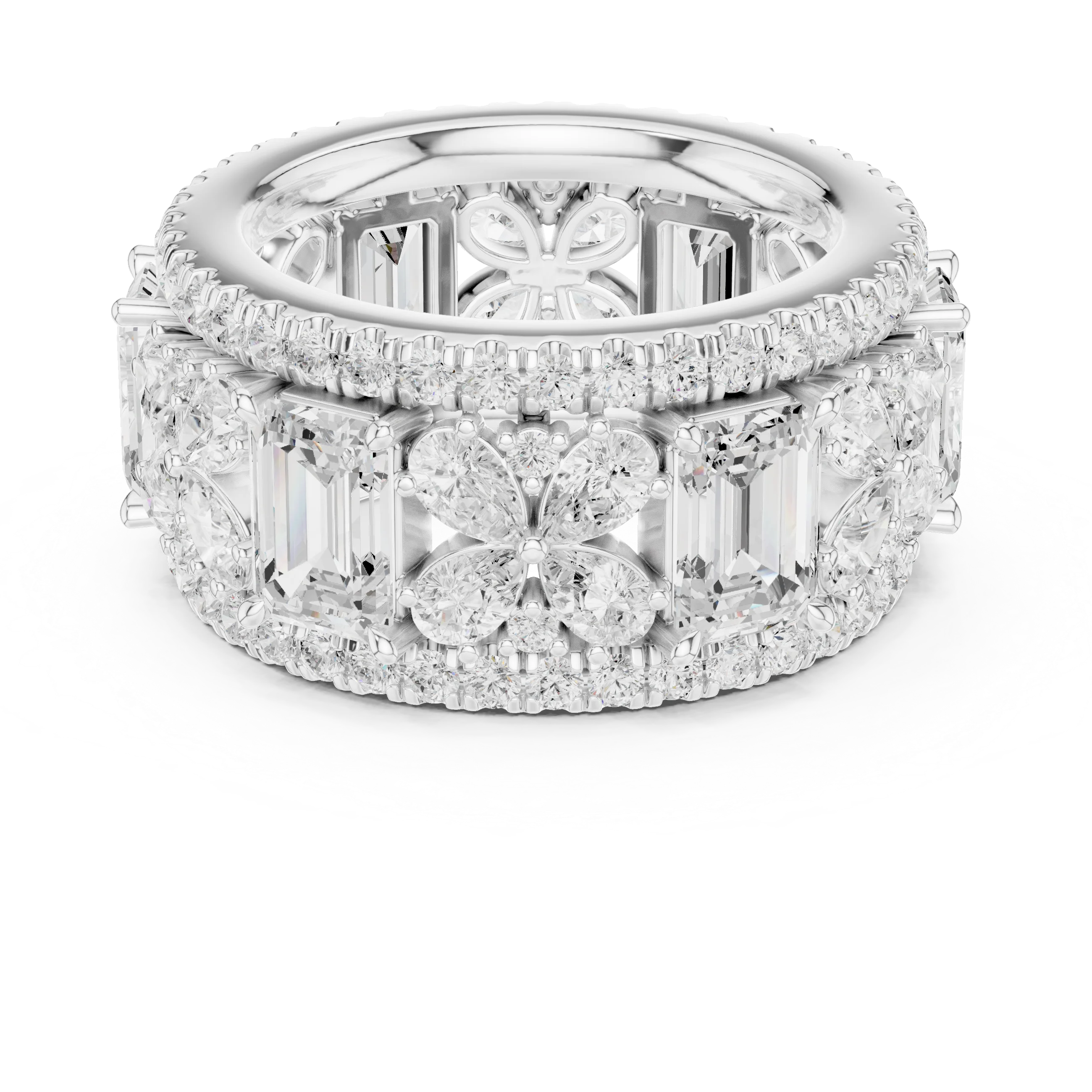 Emerald and floral cluster wide eternity band with double pavé border and slim pavé milgrain band in white gold with lab-grown diamonds, Australia collection