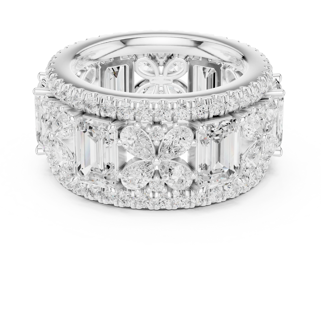 Emerald and floral cluster wide eternity band with double pavé border and slim pavé milgrain band in white gold with lab-grown diamonds, Australia collection