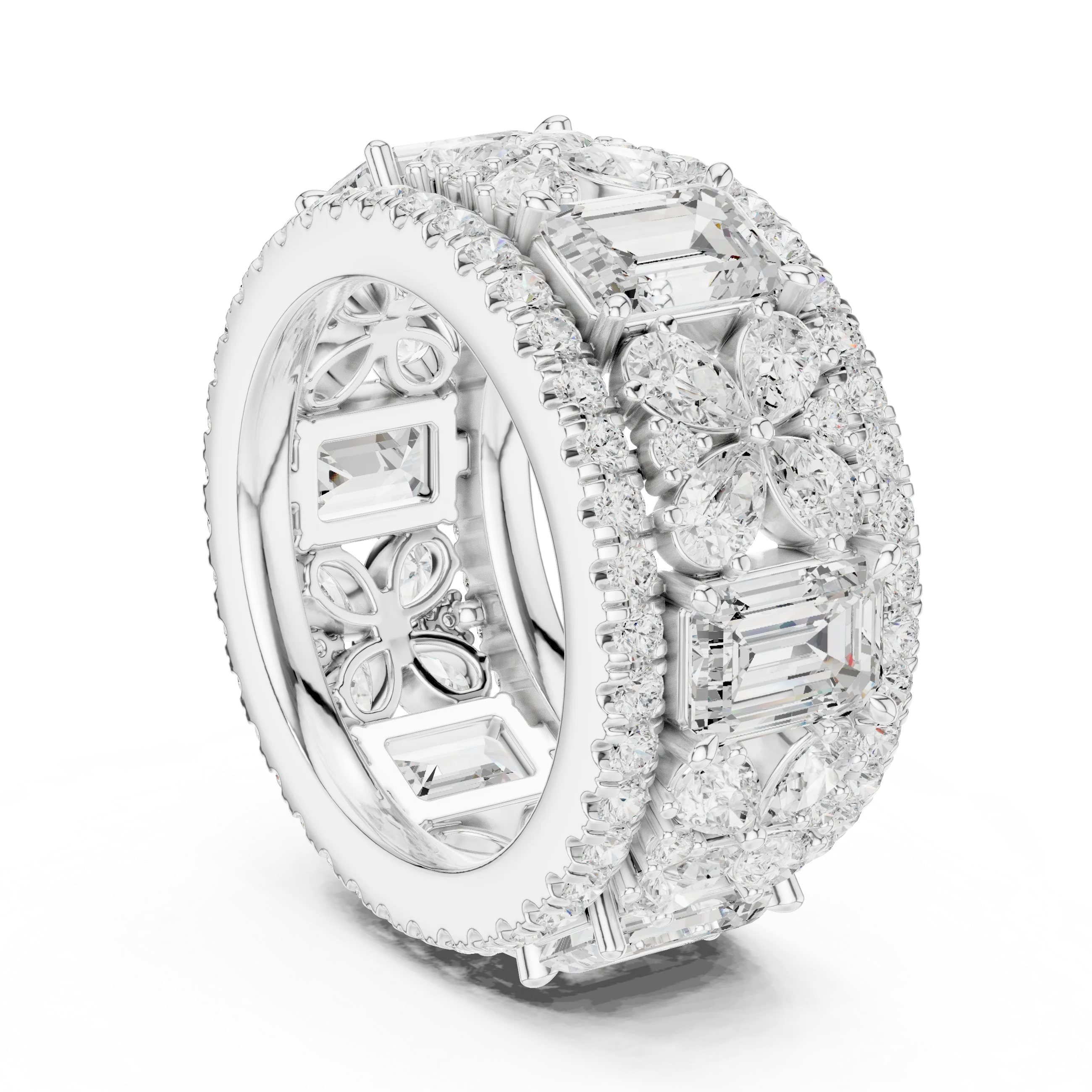 Back view of white gold emerald floral cluster eternity band with pavé border and milgrain band design