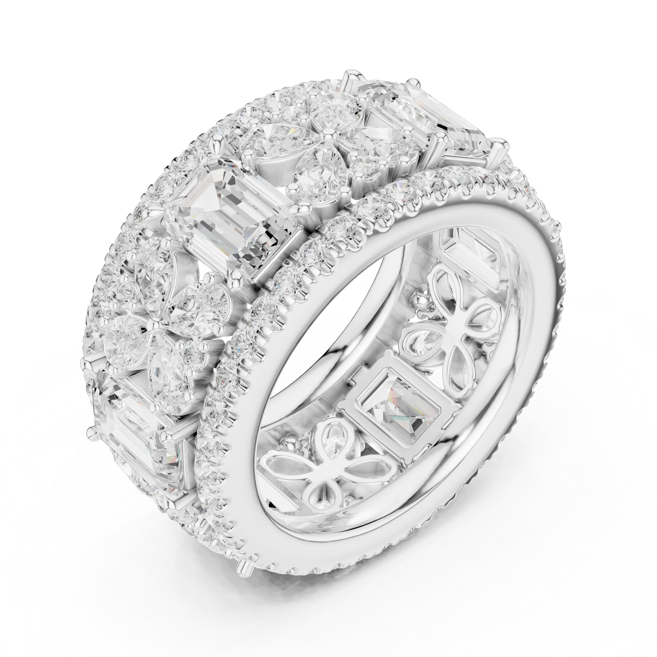 Front view of white gold emerald floral cluster eternity band with double pavé border and milgrain detailing