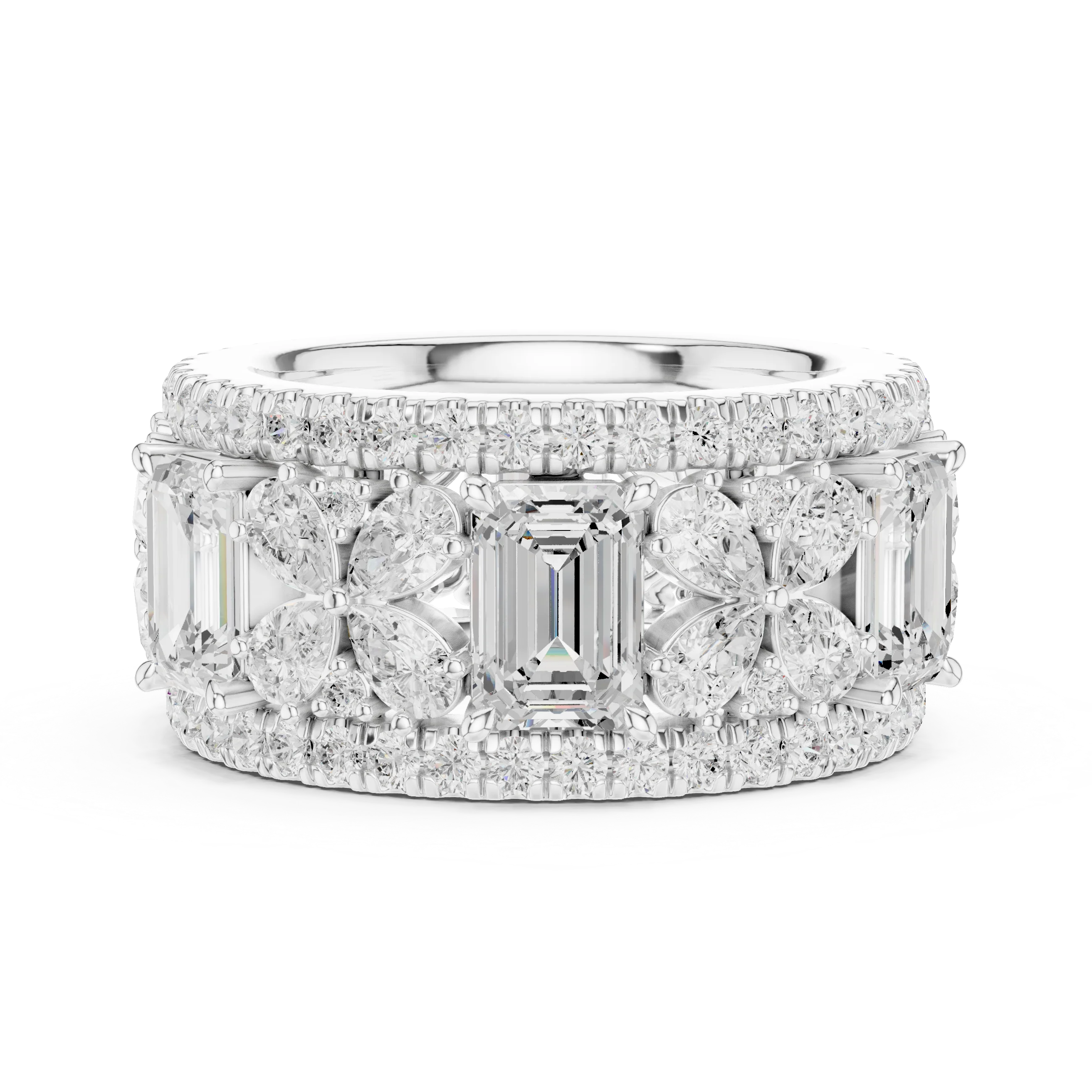 Side view of white gold emerald floral cluster eternity band highlighting pavé setting and milgrain details