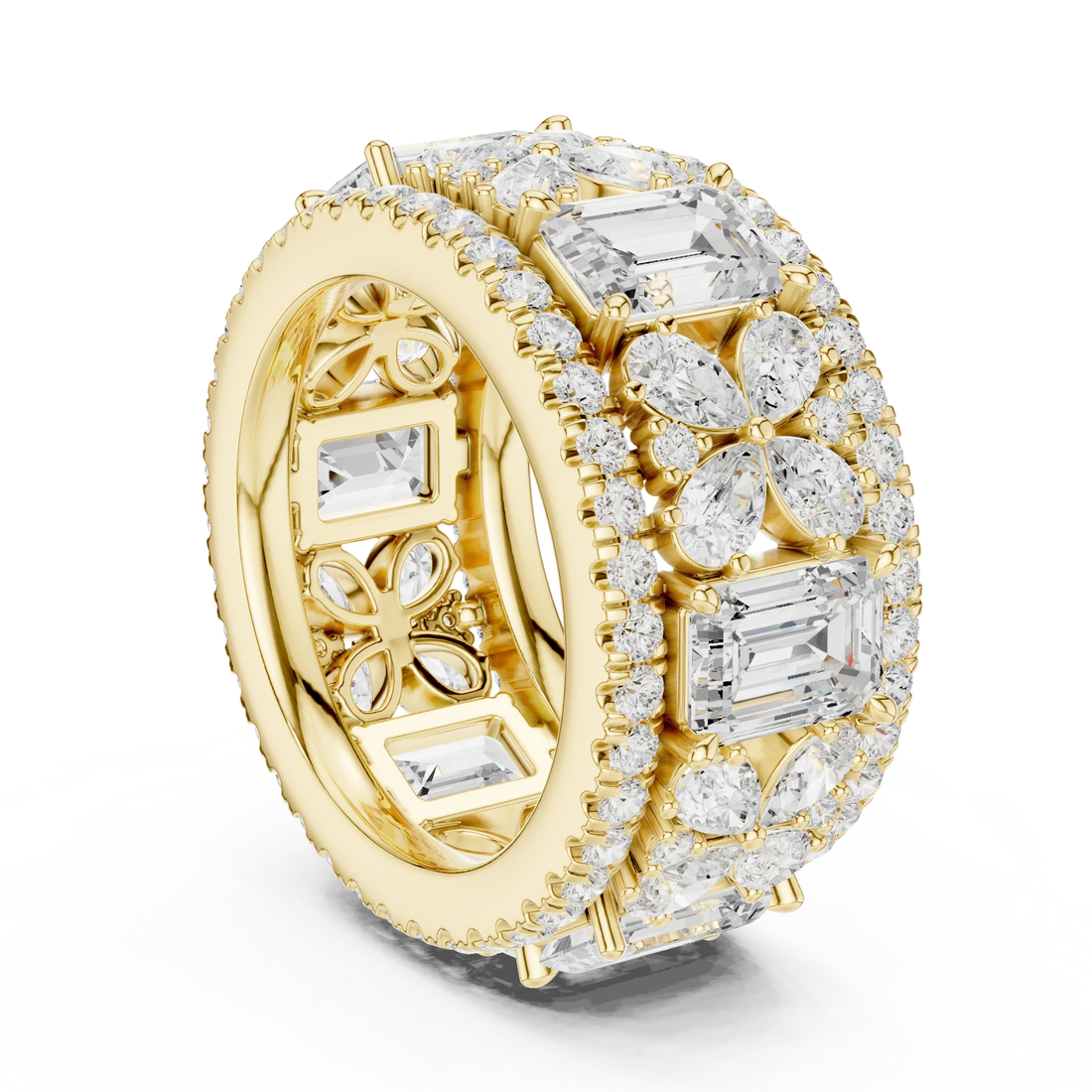 Back view of yellow gold emerald floral cluster eternity band with pavé and milgrain band design