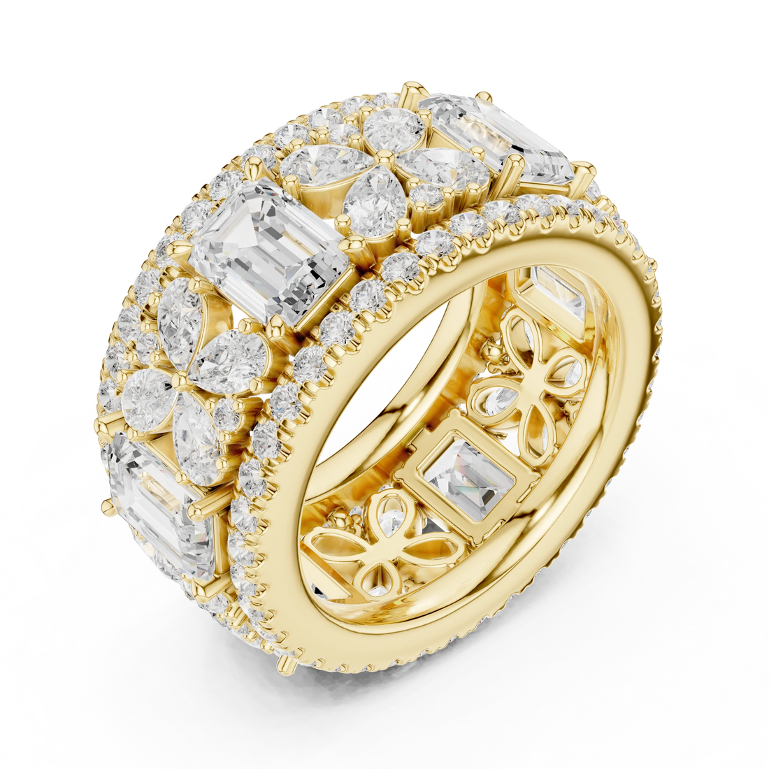 Front view of yellow gold emerald floral cluster eternity band with pavé border and milgrain detailing