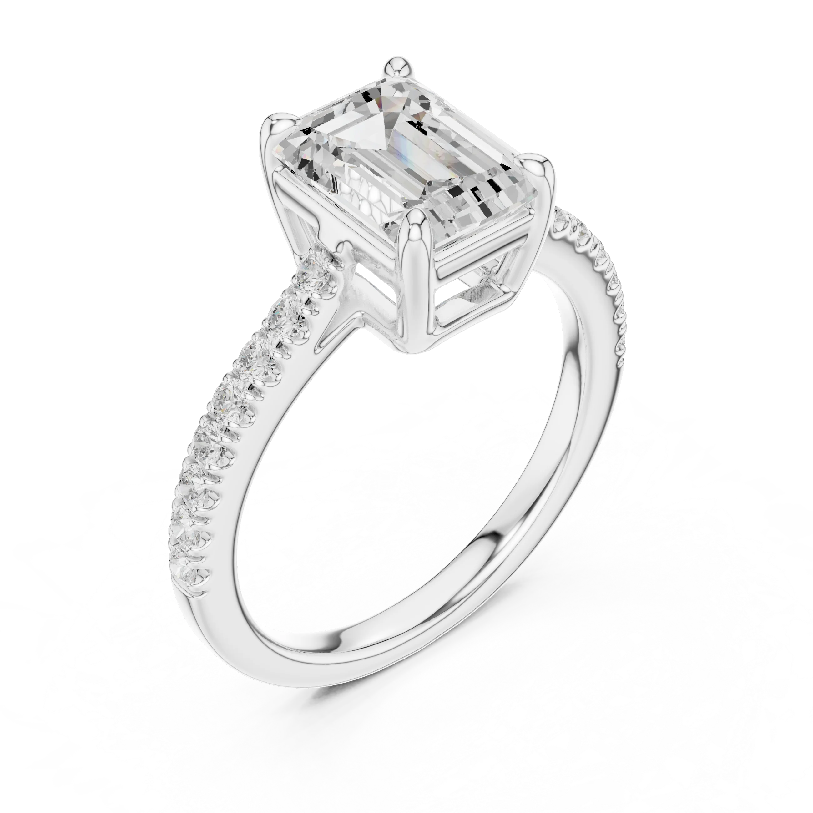 Front view of white gold emerald-cut diamond pavé band ring