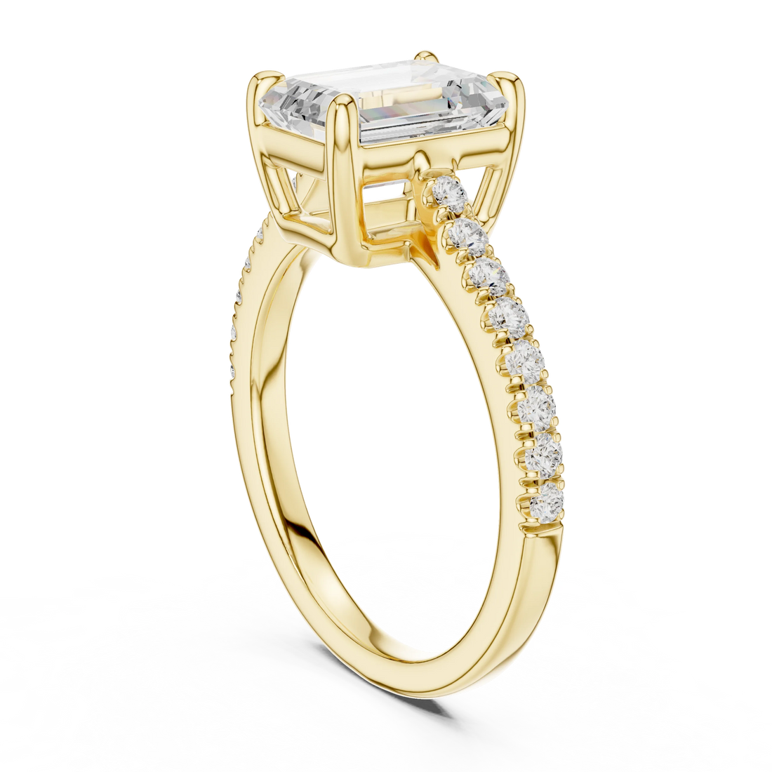 Back side view of yellow gold emerald-cut diamond pavé band ring showing band structure