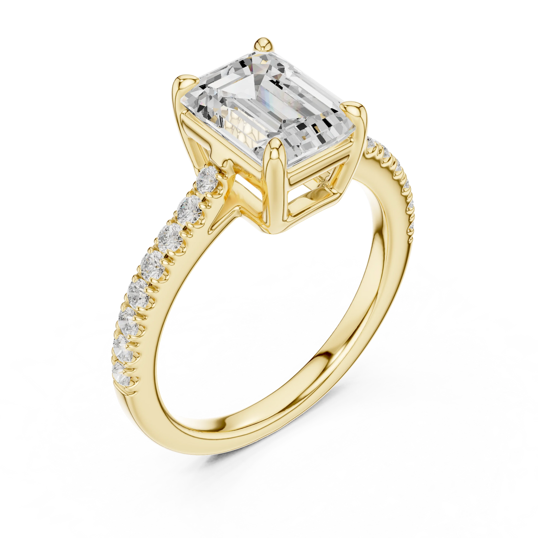 Front view of yellow gold emerald-cut diamond pavé band ring