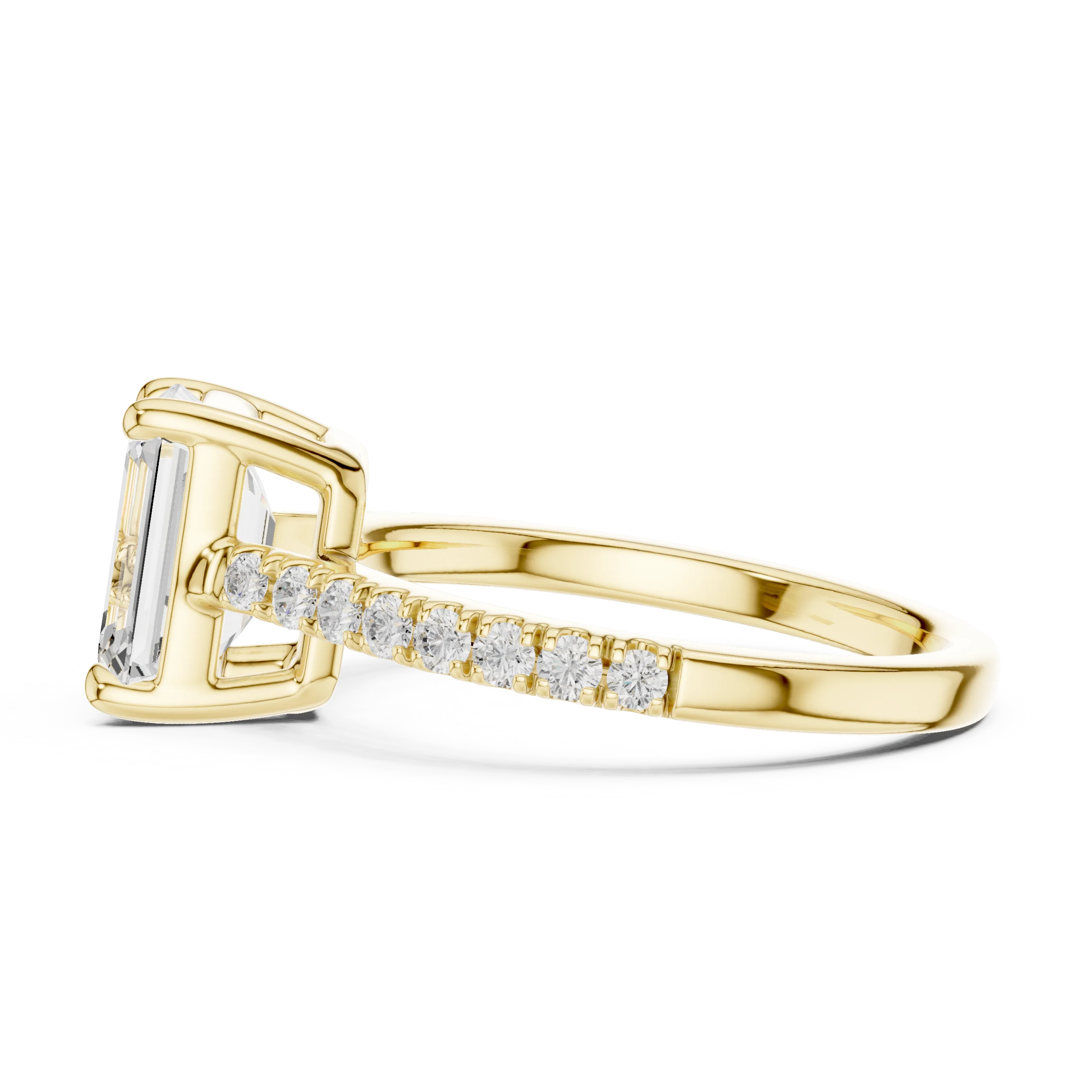 Side view of yellow gold emerald-cut diamond pavé band ring with detailed band setting