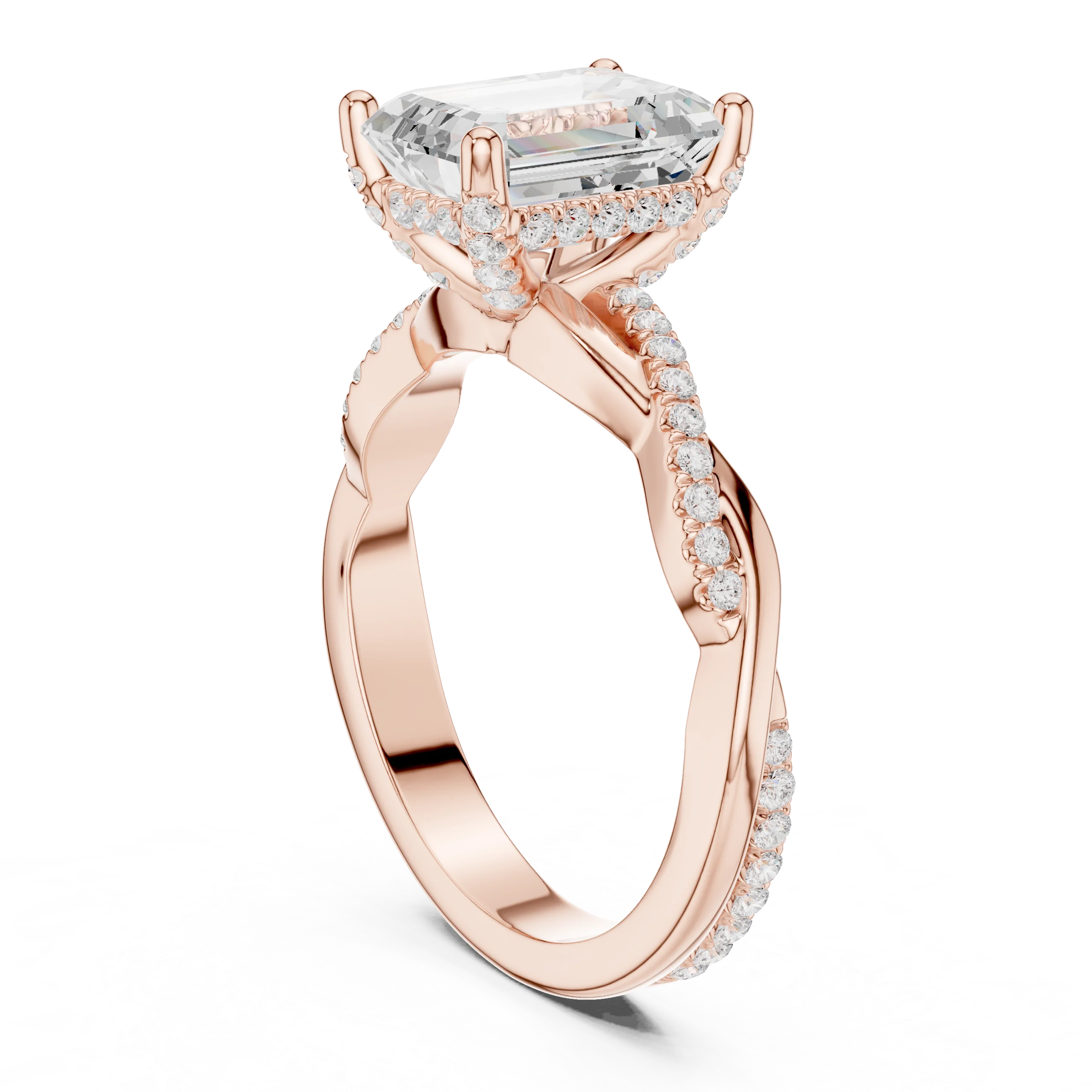 Back view of rose gold emerald diamond ring with twisted vine pave band and lab-grown diamond – Australia
