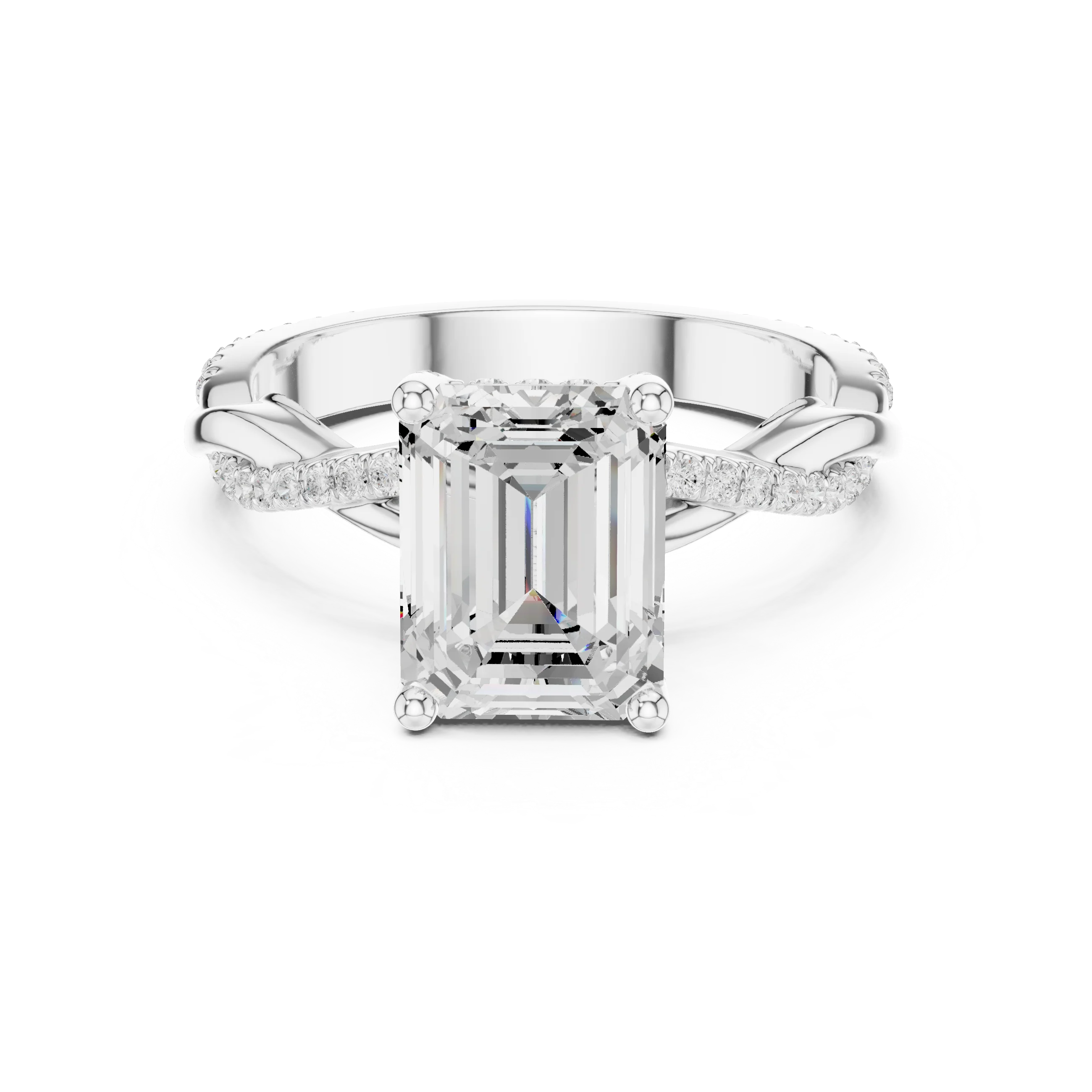 Emerald diamond ring in white gold with twisted vine pave band and lab-grown diamond – Australia