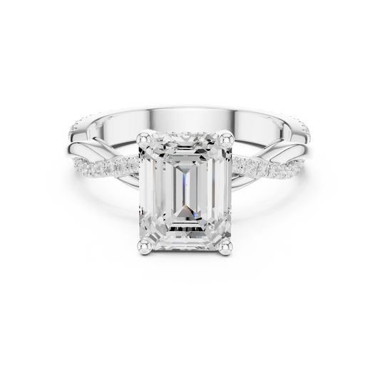 Emerald diamond ring in white gold with twisted vine pave band and lab-grown diamond – Australia