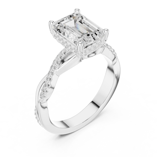 Front view of white gold emerald diamond ring with twisted vine pave band and lab-grown diamond – Australia