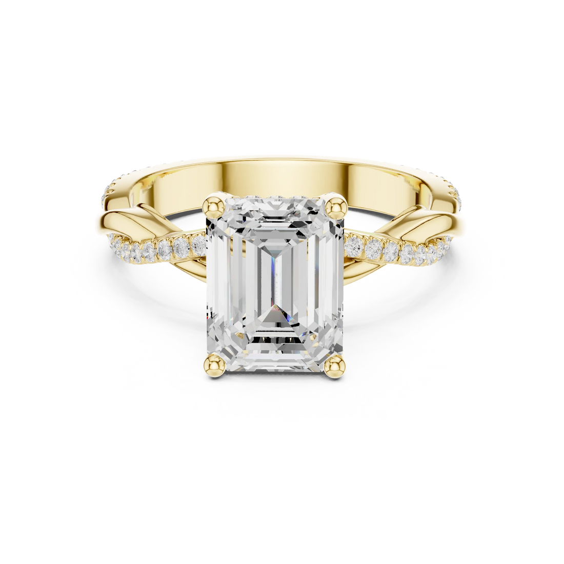 Emerald diamond ring in yellow gold with twisted vine pave band and lab-grown diamond – Australia
