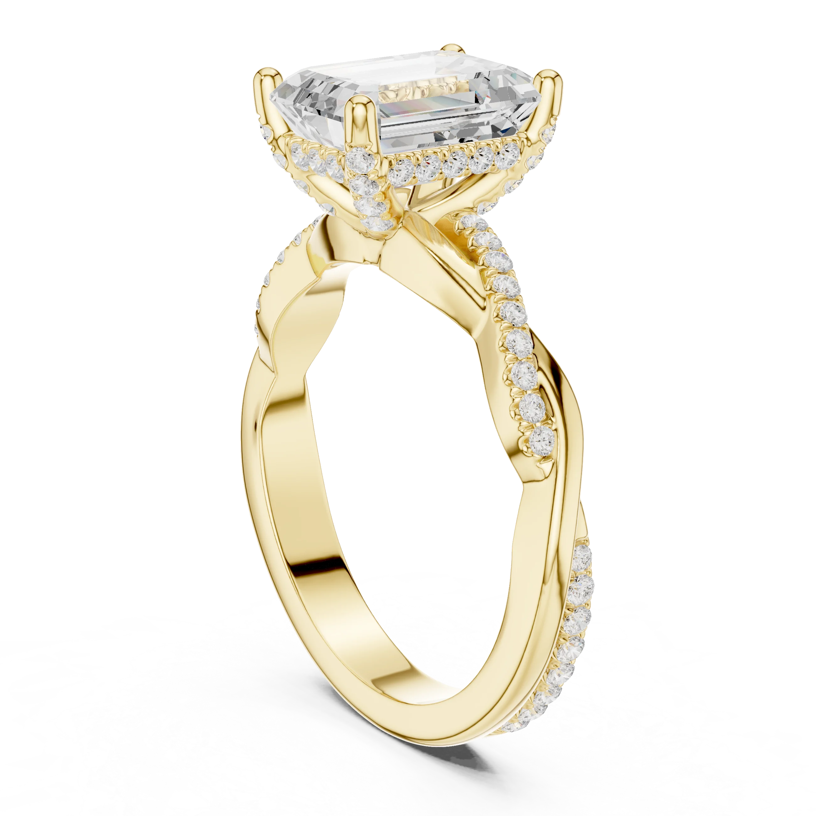 Back view of yellow gold emerald diamond ring with twisted vine pave band and lab-grown diamond – Australia