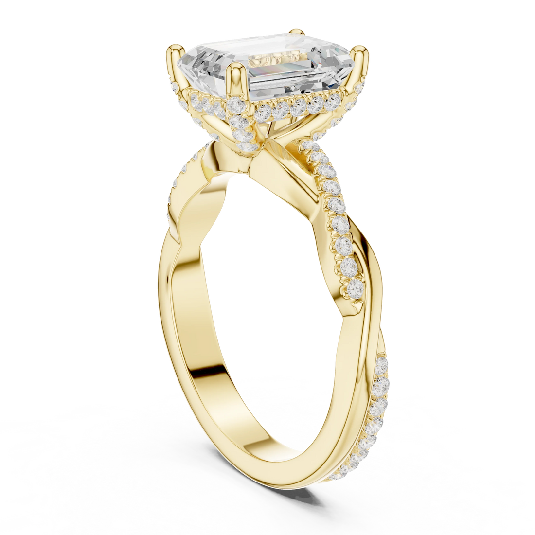 Back view of yellow gold emerald diamond ring with twisted vine pave band and lab-grown diamond – Australia