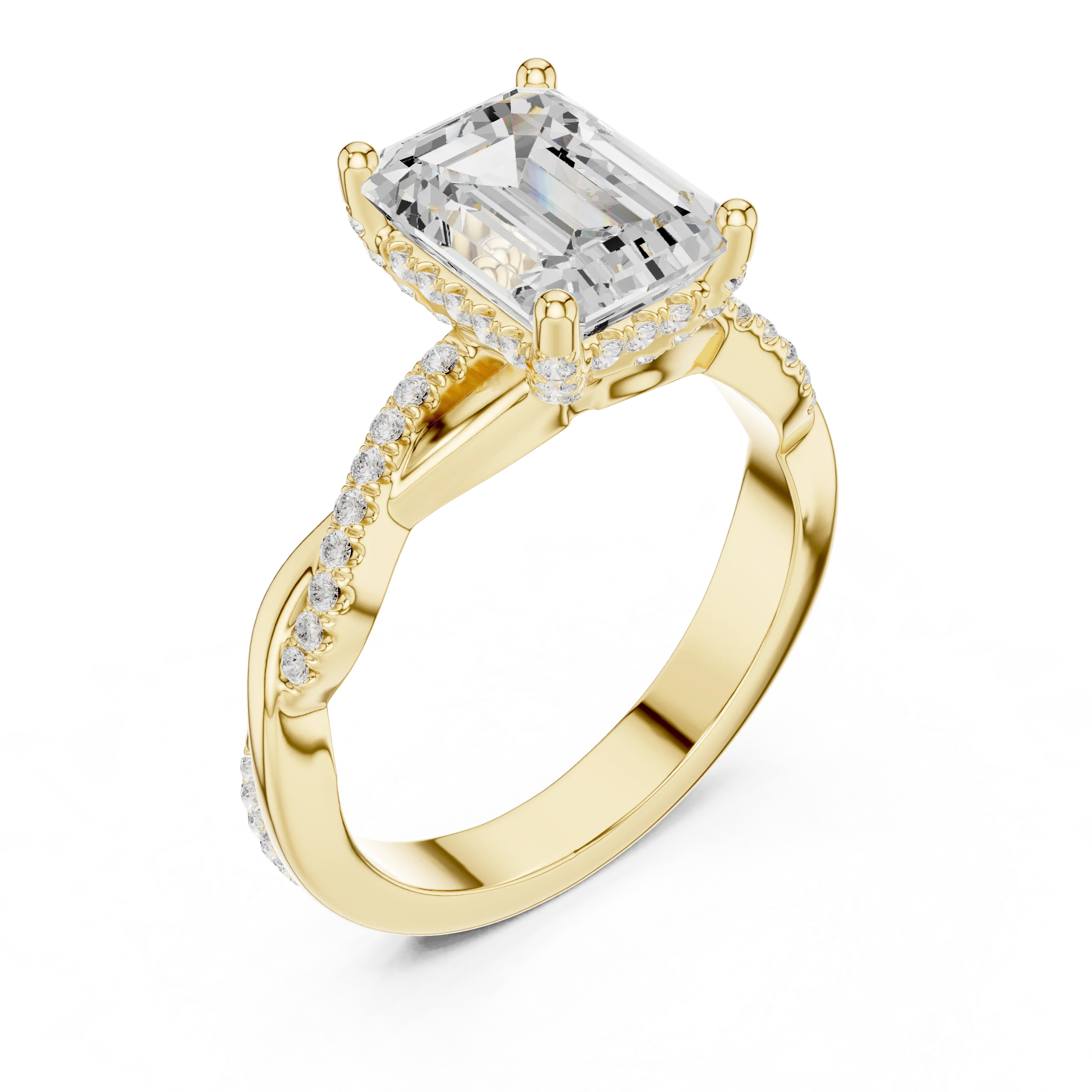 Front view of yellow gold emerald diamond ring with twisted vine pave band and lab-grown diamond – Australia