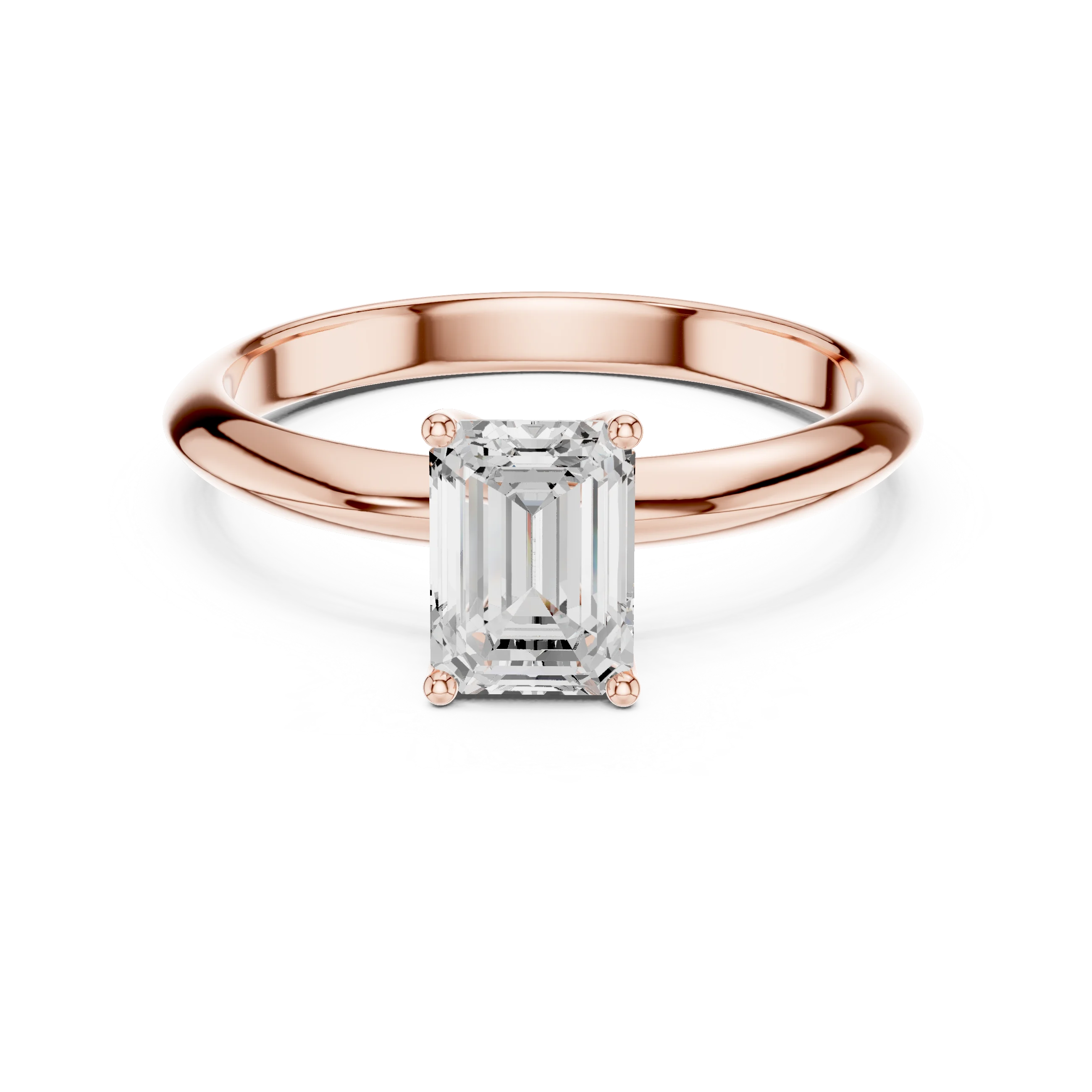 Lab-grown emerald cut diamond solitaire ring in rose gold, soft tone top view.