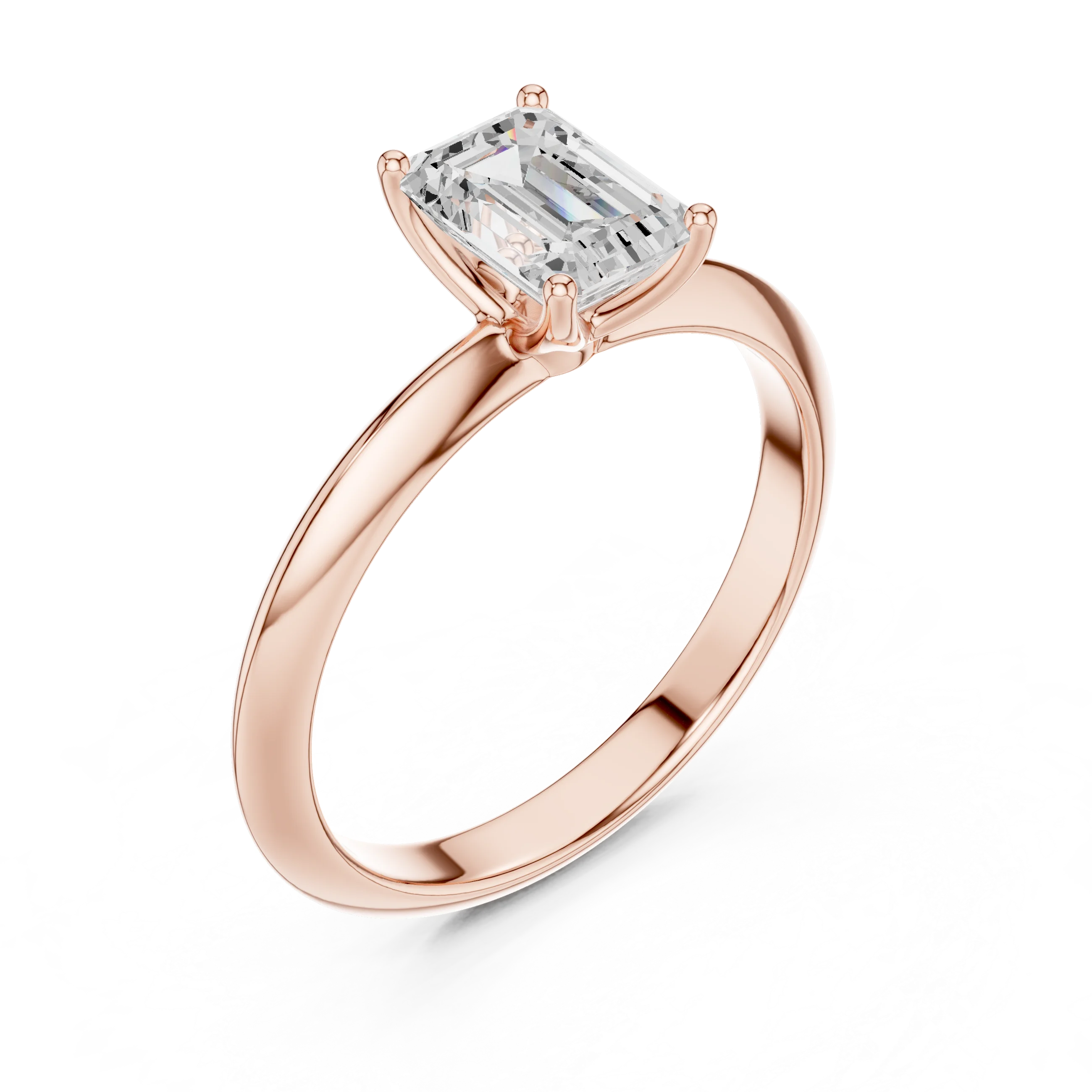 Front view of rose gold emerald diamond solitaire ring, showcasing gemstone brilliance.