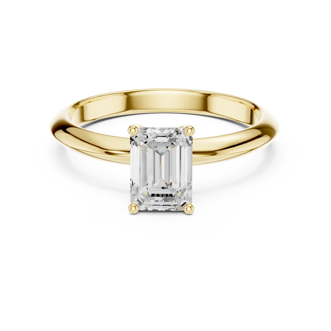Lab-grown emerald cut diamond solitaire ring in yellow gold, classic top view