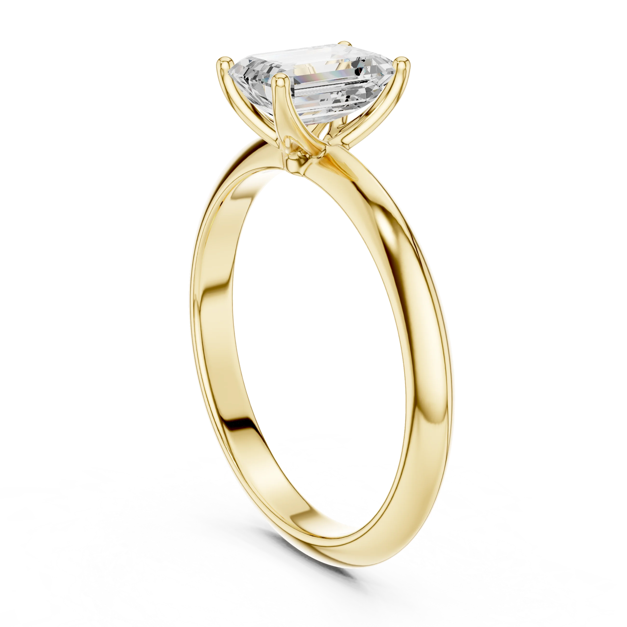 Back side view of yellow gold emerald diamond solitaire ring, showing band structure