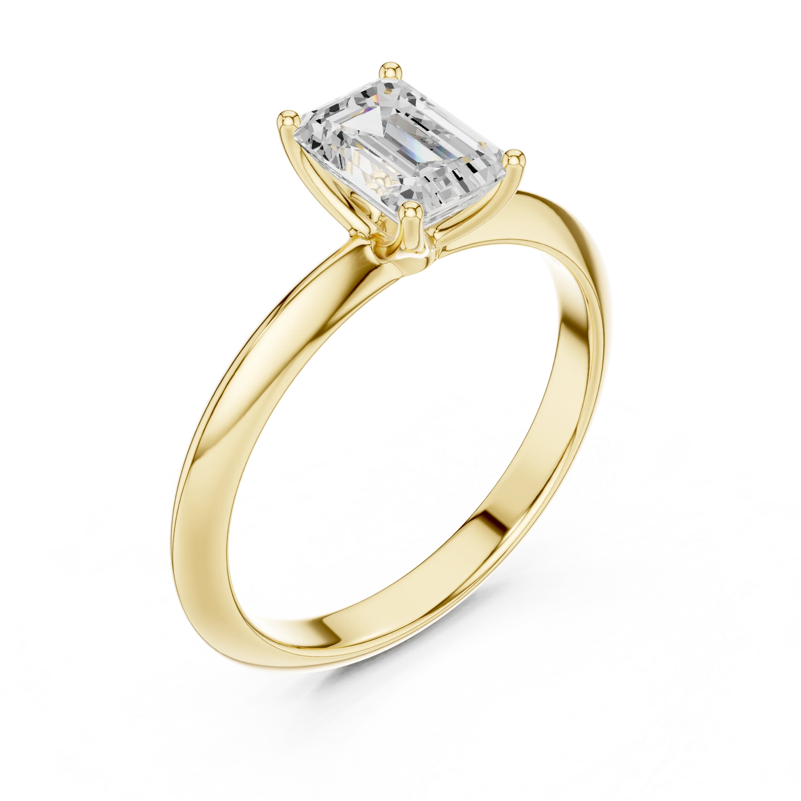 Front view of yellow gold emerald diamond solitaire ring, emphasizing brilliance