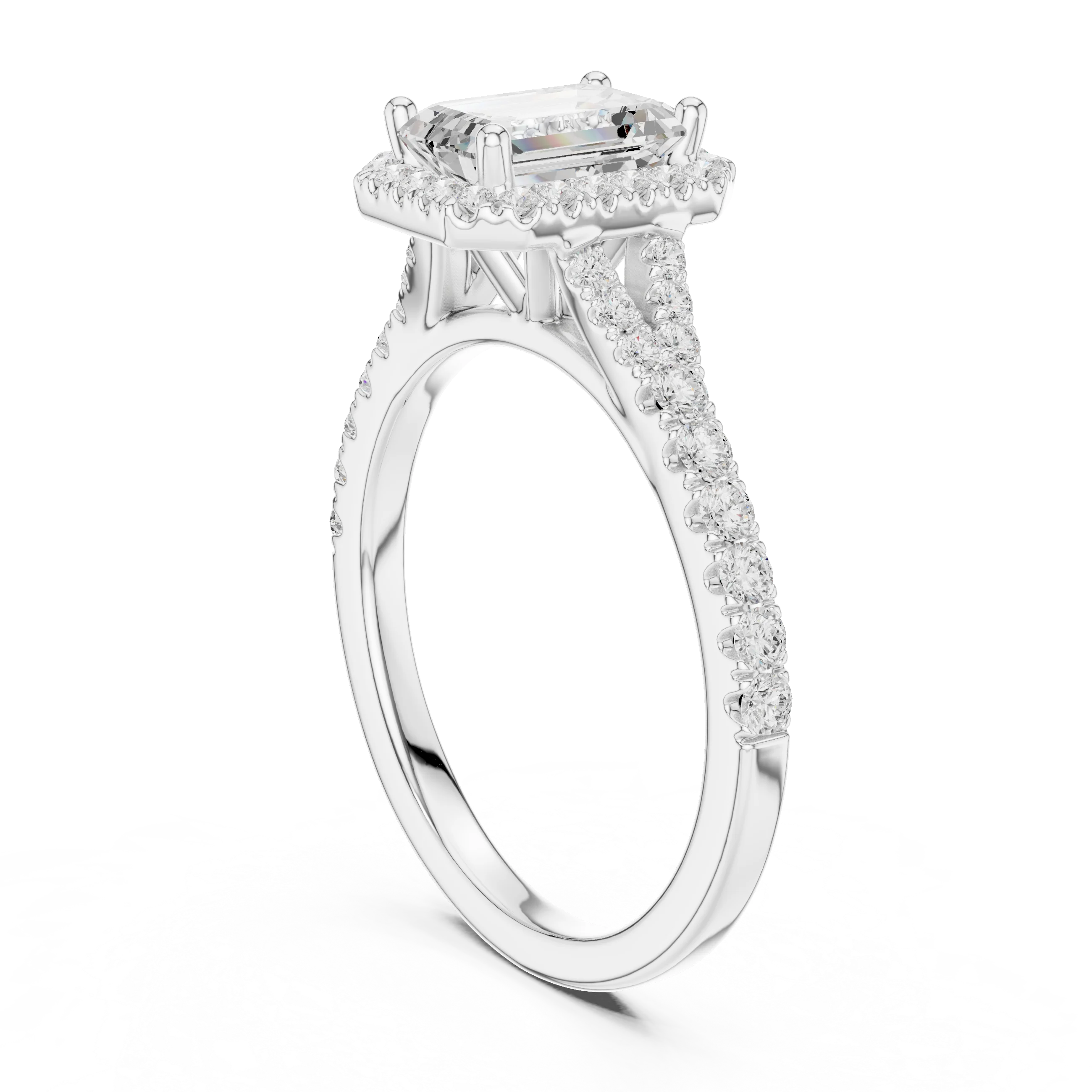 Back side view of white gold emerald halo ring showing pavé split shank band and setting details