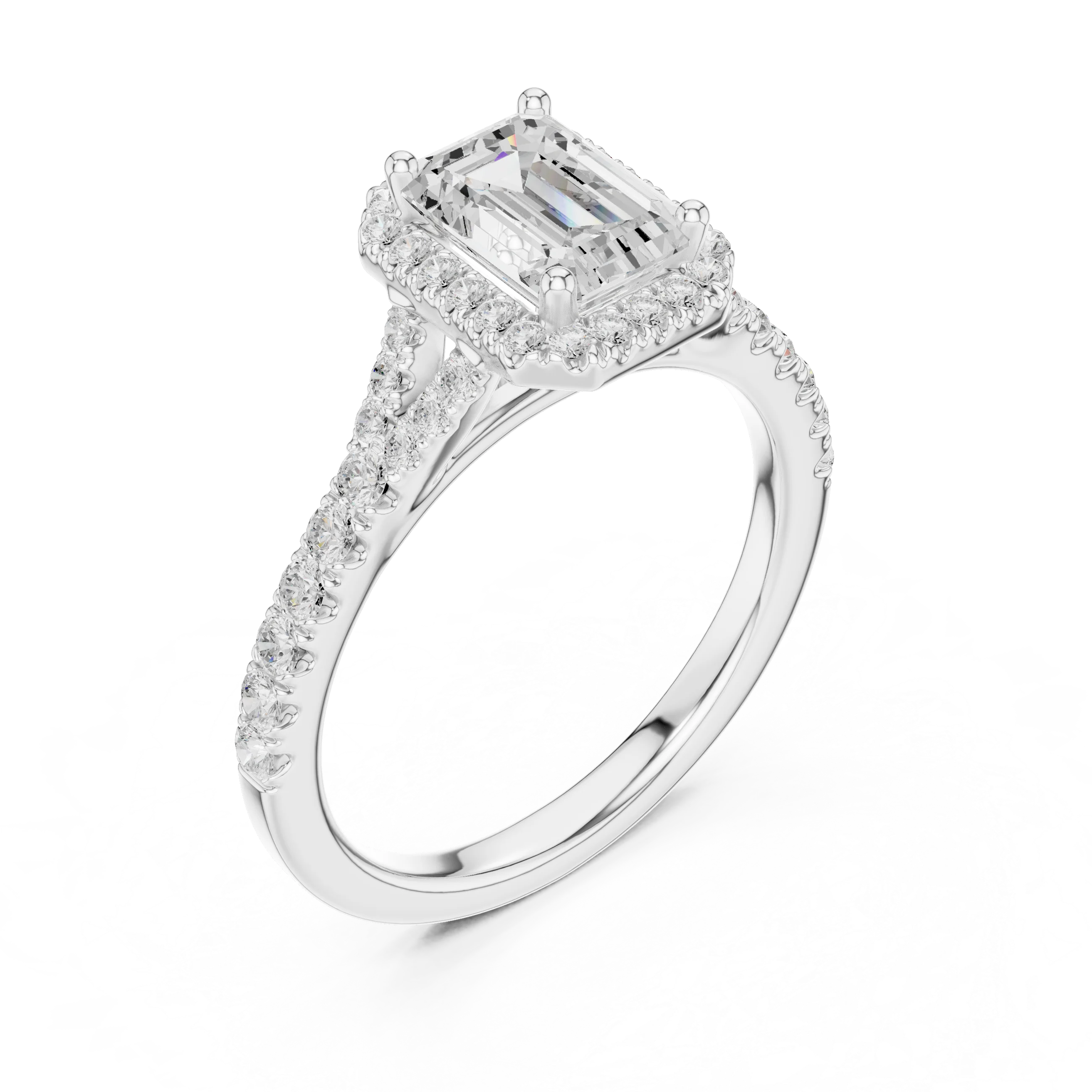 Front view of white gold emerald halo ring with pavé split shank band and center diamond