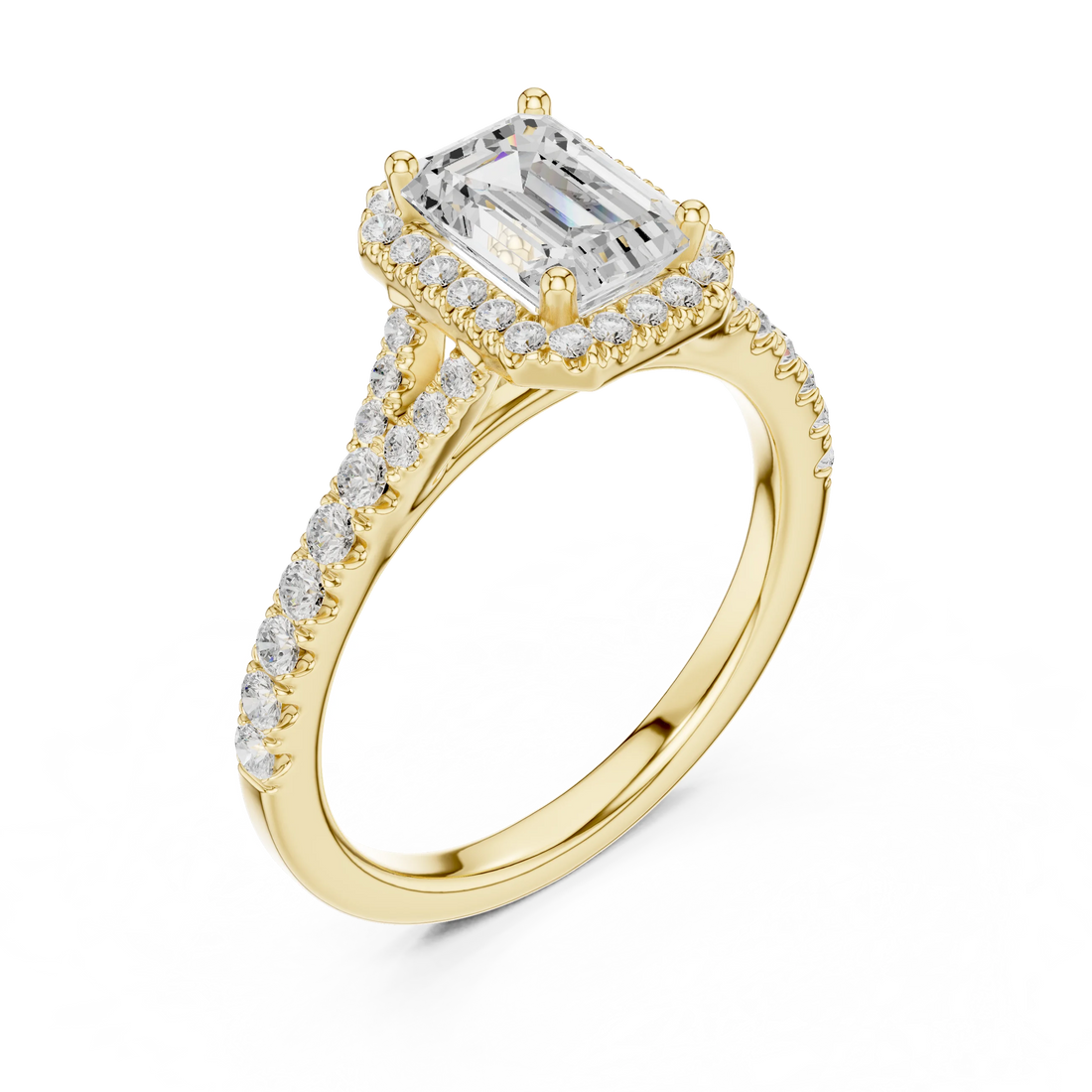 Front view of yellow gold emerald halo ring with pavé split shank band and center diamond