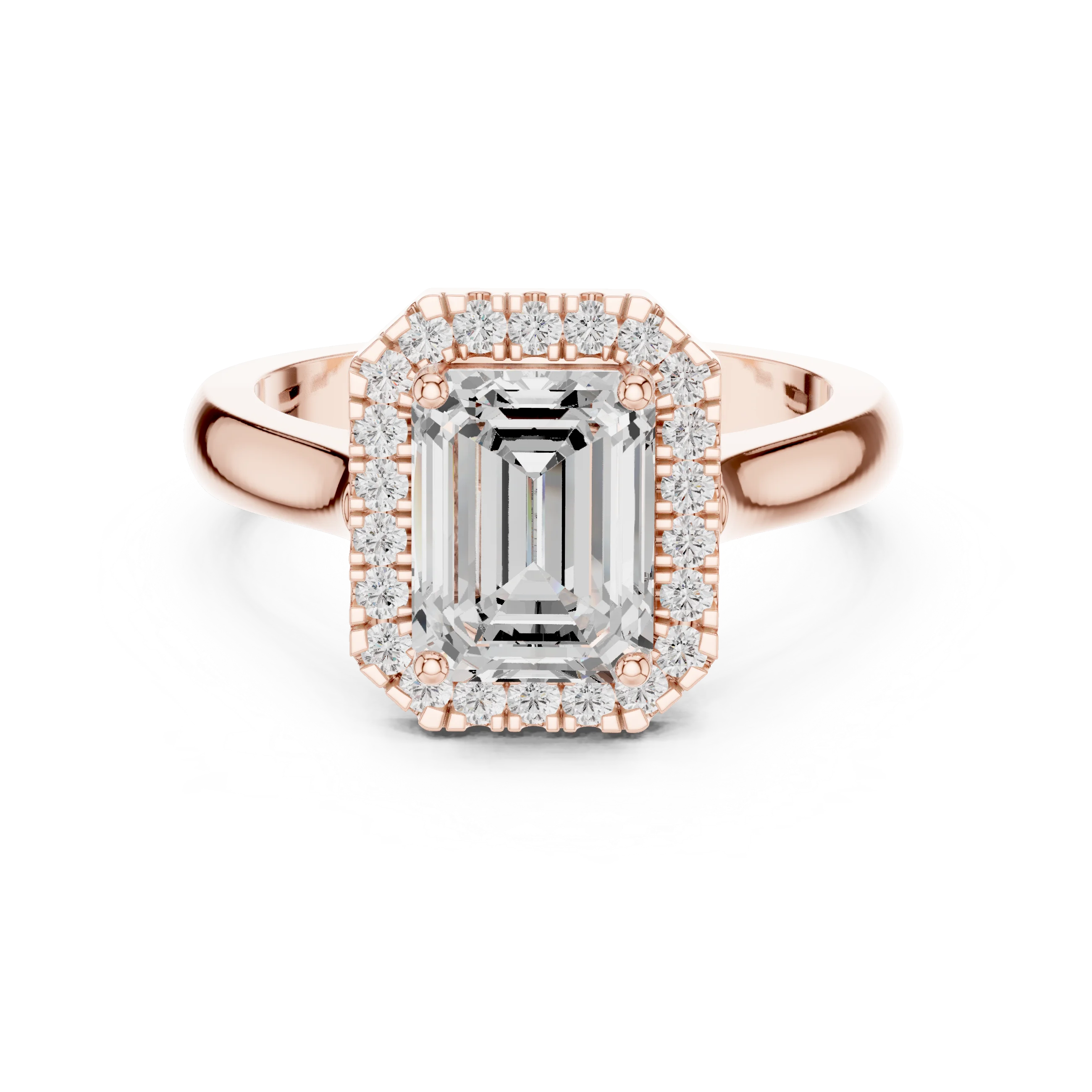 Emerald cut halo ring with lab-grown diamond in rose gold with modern romantic finish