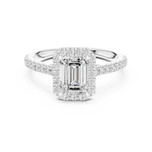 White gold emerald-cut halo ring with pavé diamond band and lab-grown center stone