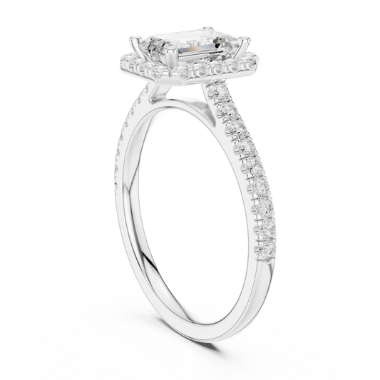 Top Side view of white gold emerald-cut halo ring with pavé diamond band and lab-grown center stone