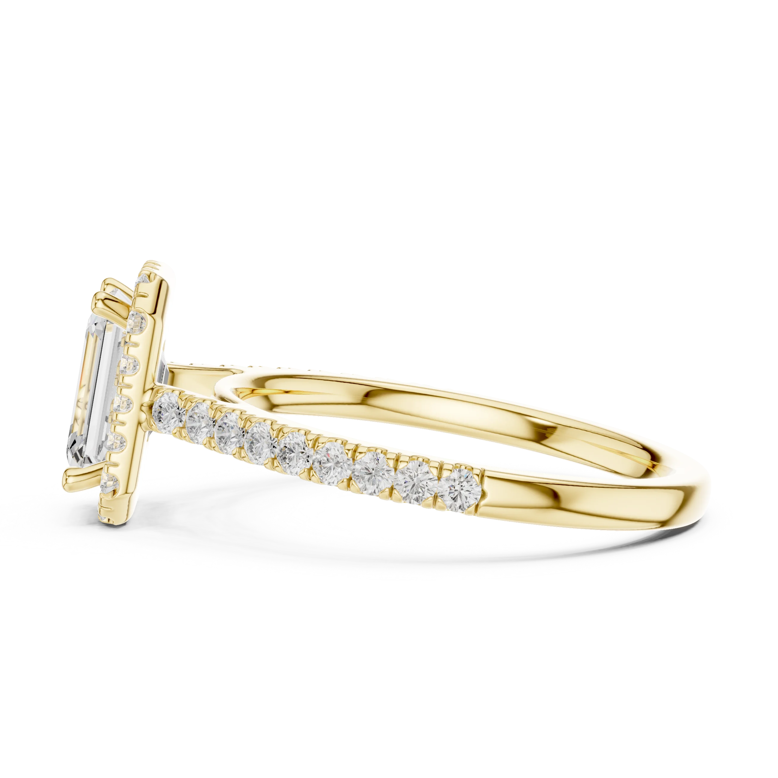 Side view of yellow gold emerald-cut halo ring with pavé diamond band and lab-grown center stone