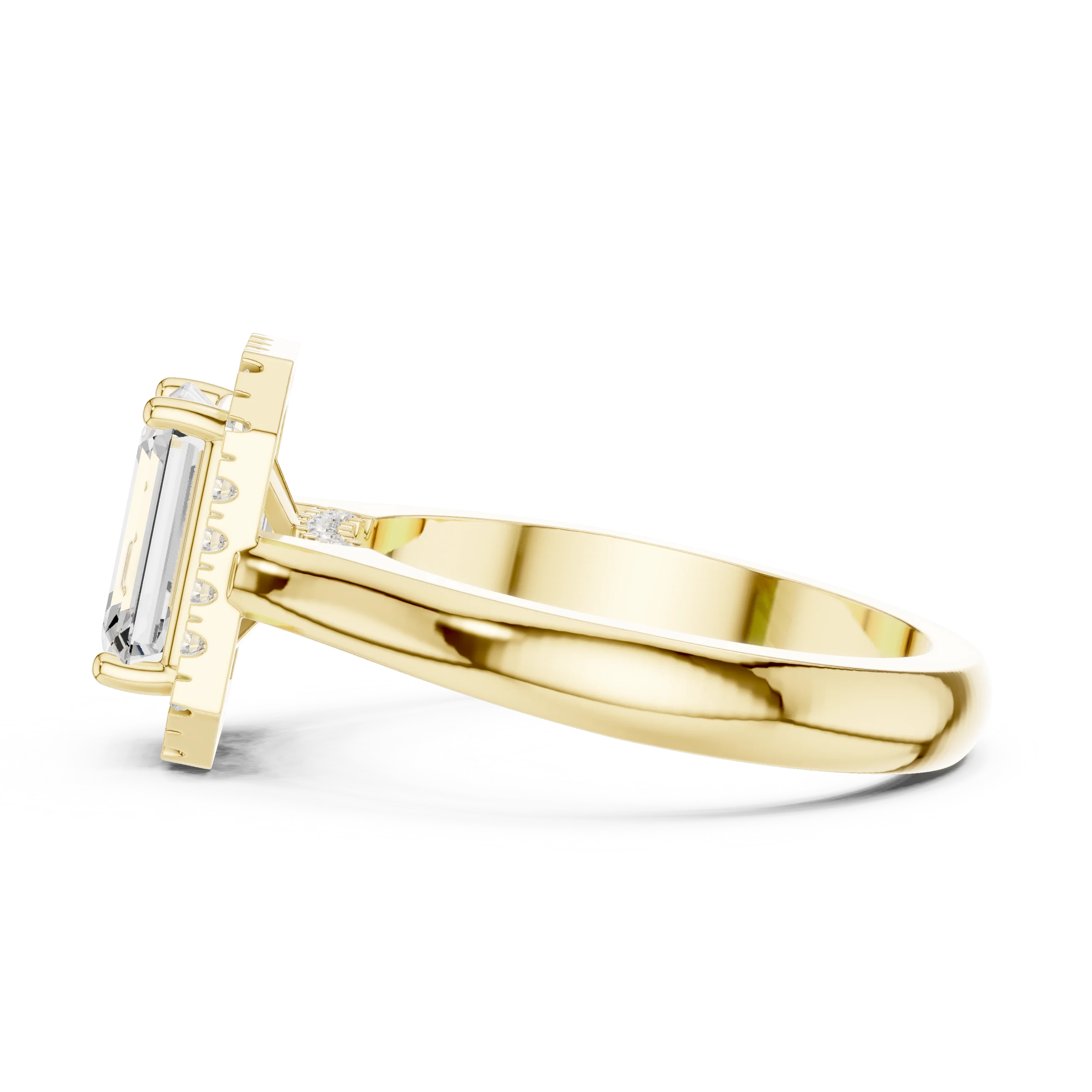 Emerald cut halo ring with lab-grown diamond in yellow gold, elegant and classic design