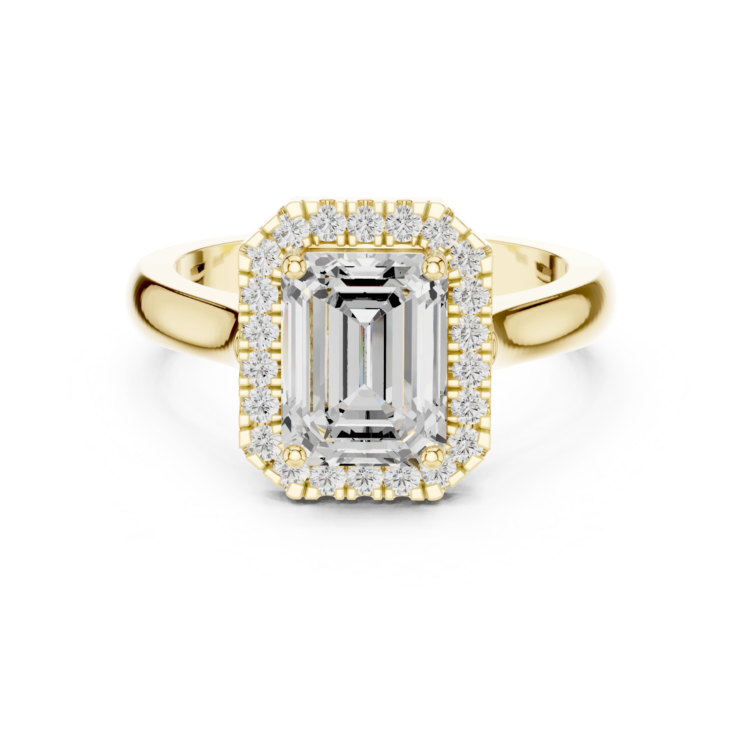 Emerald cut halo ring with lab-grown diamond in yellow gold with classic luxury appeal