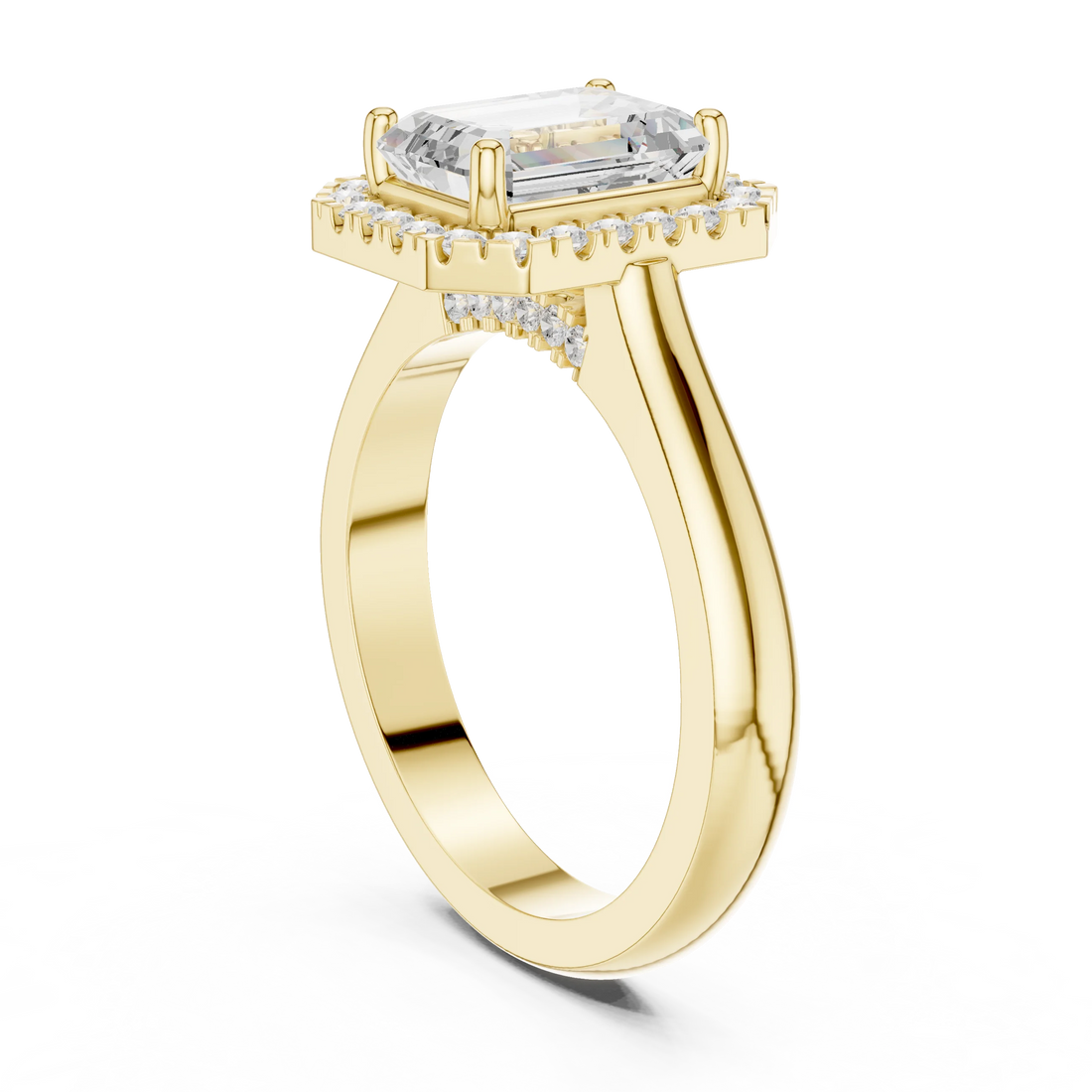 Back view of yellow gold emerald halo ring with lab-grown diamond and smooth band