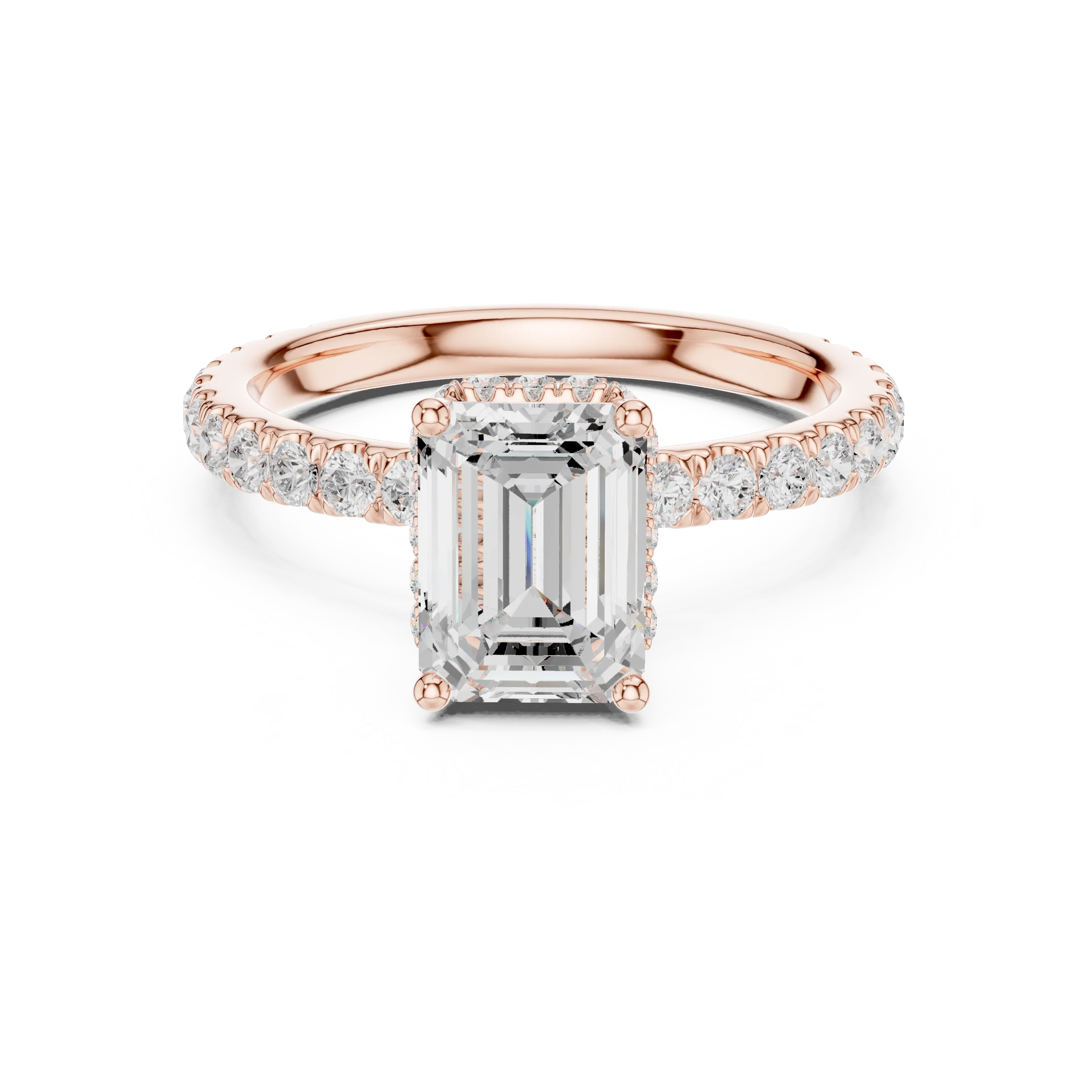 Emerald hidden halo ring in rose gold with pave diamond band and lab-grown diamond – Australia