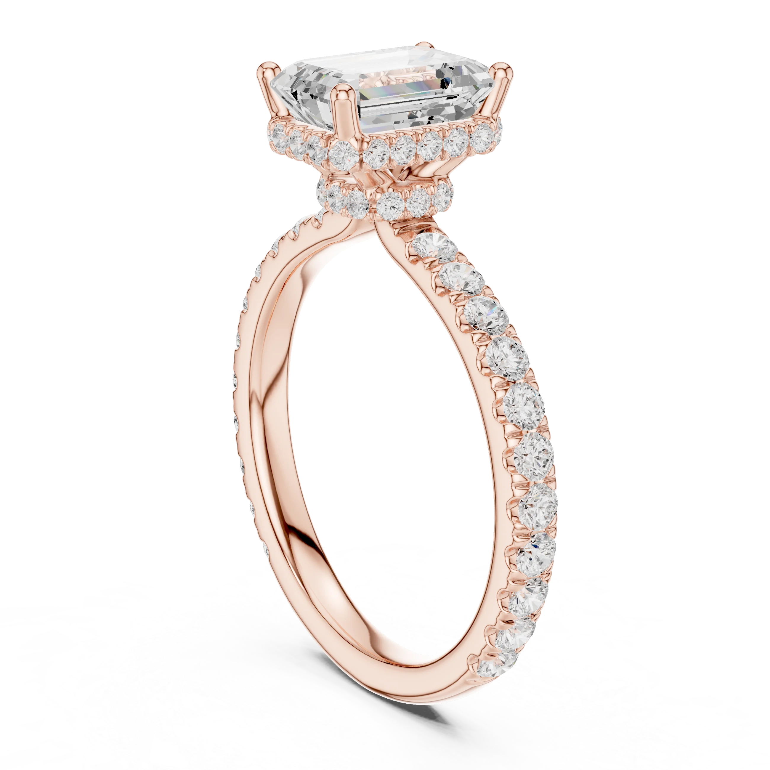 Back view of rose gold emerald hidden halo ring with pave diamond band and lab-grown diamond – Australia