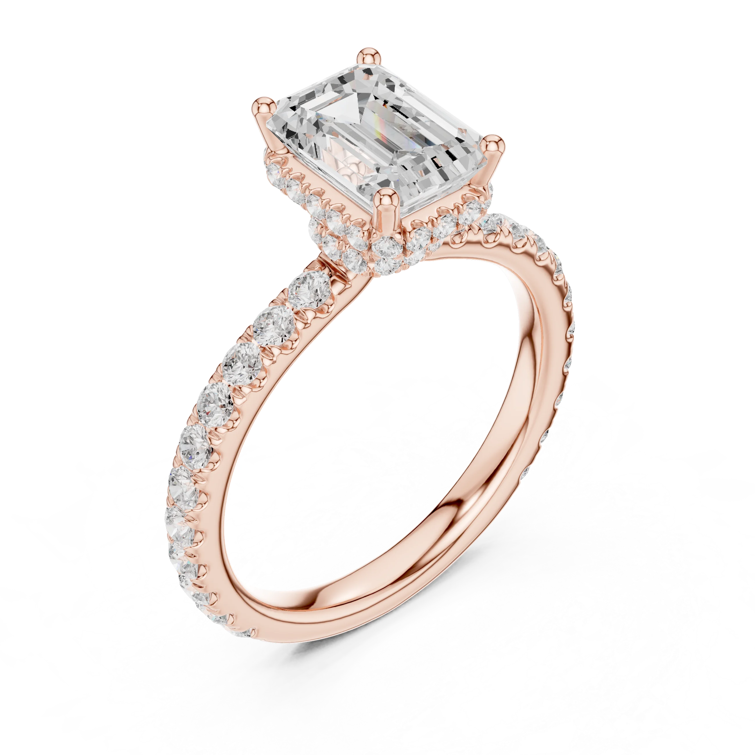 Front view of rose gold emerald hidden halo ring with pave diamond band and lab-grown diamond – Australia