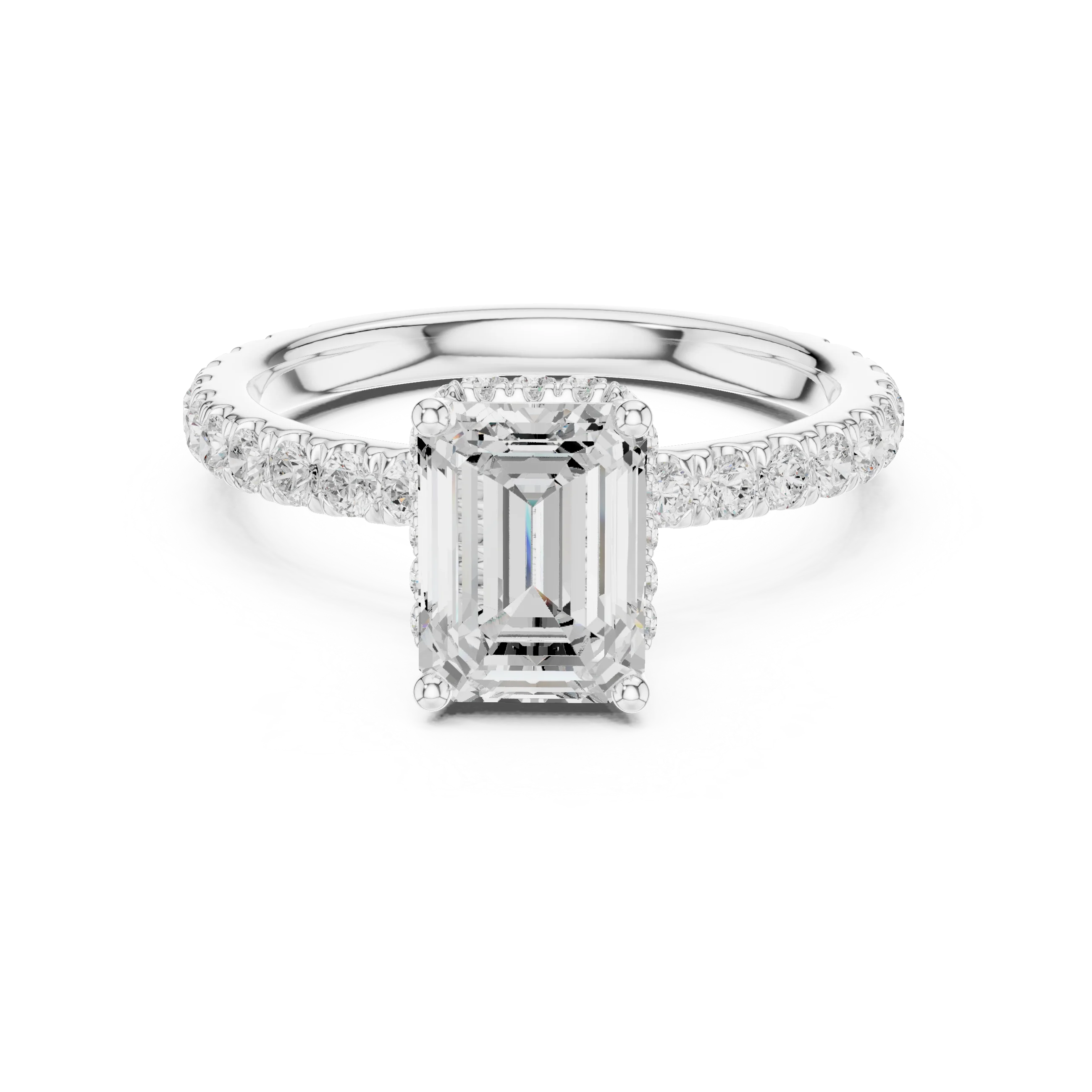 Emerald hidden halo ring in white gold with pave diamond band and lab-grown diamond – Australia